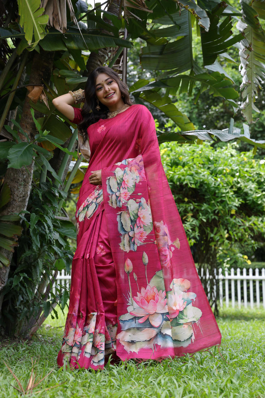 Jyoti Fashion Women's Rani Pink Soft Tussar Silk Floral Printed Saree with Blouse - Distacart