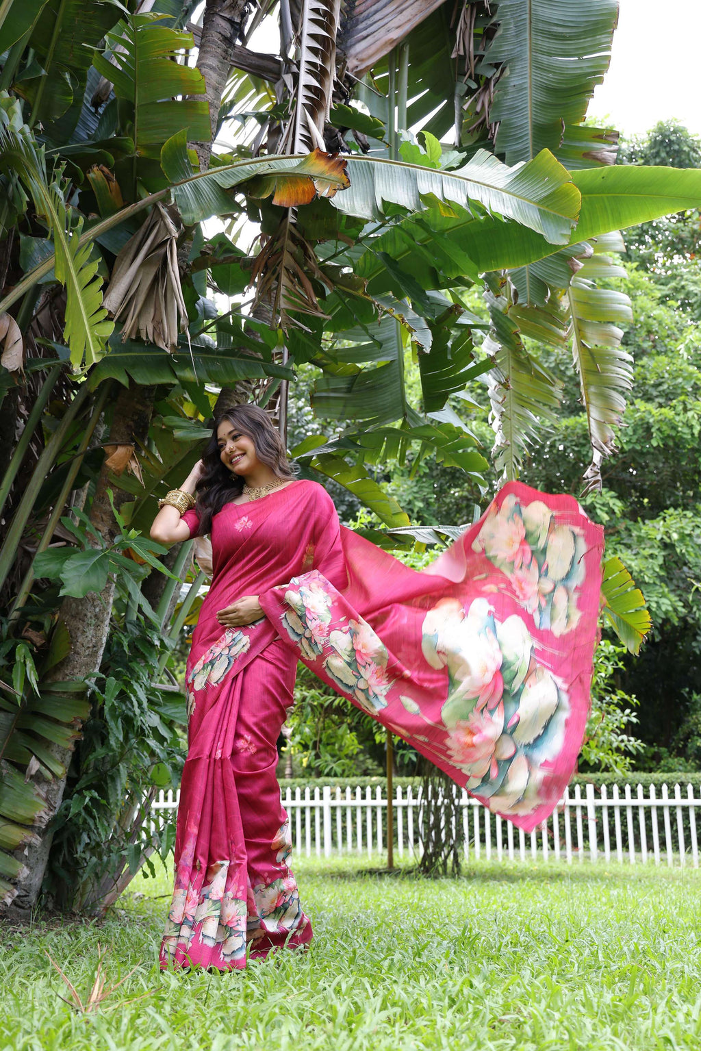 Jyoti Fashion Women's Rani Pink Soft Tussar Silk Floral Printed Saree with Blouse - Distacart
