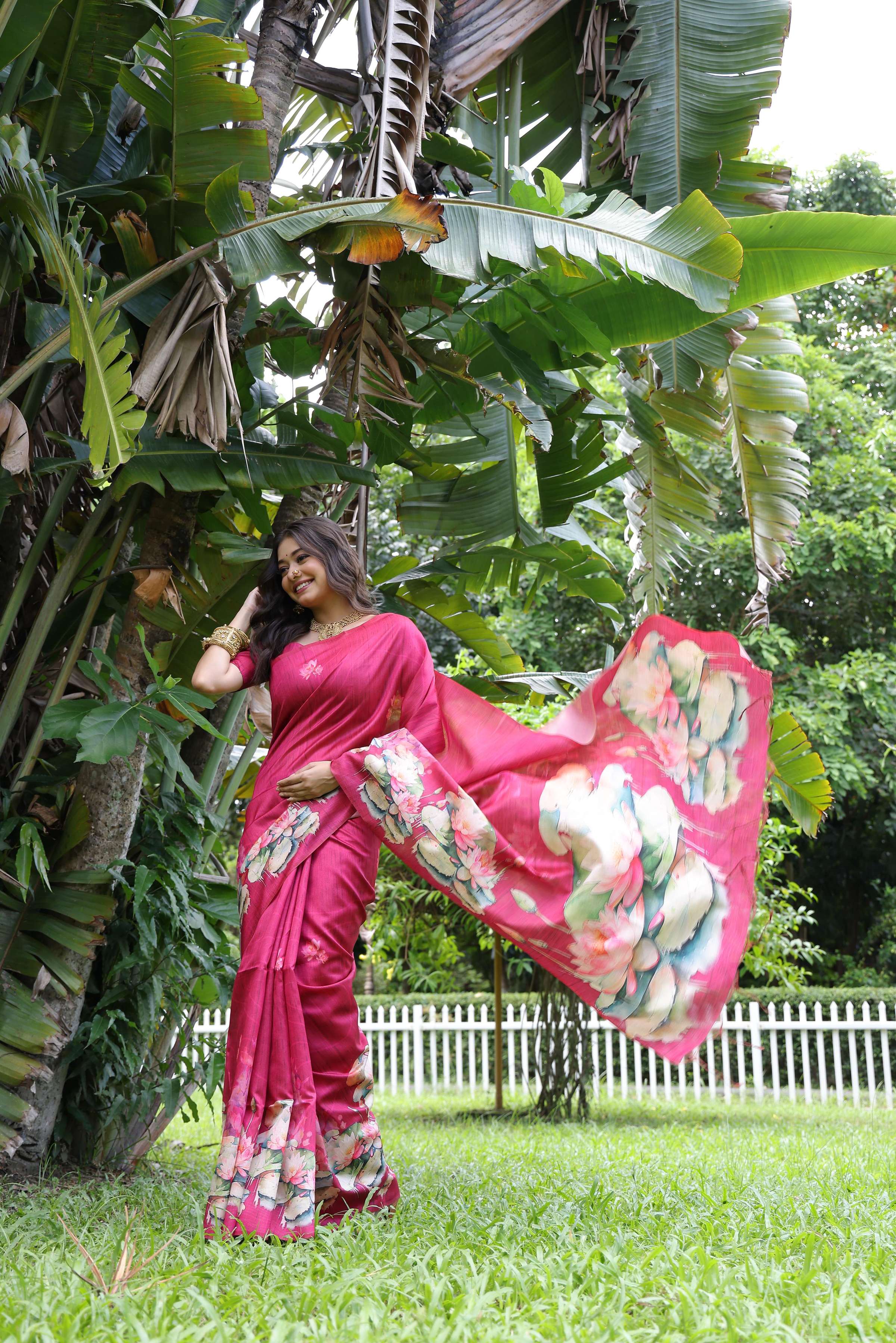 Jyoti Fashion Women's Rani Pink Soft Tussar Silk Floral Printed Saree with Blouse - Distacart