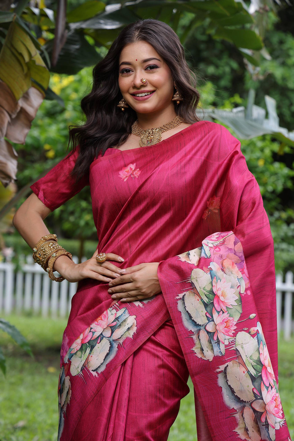 Jyoti Fashion Women's Rani Pink Soft Tussar Silk Floral Printed Saree with Blouse - Distacart