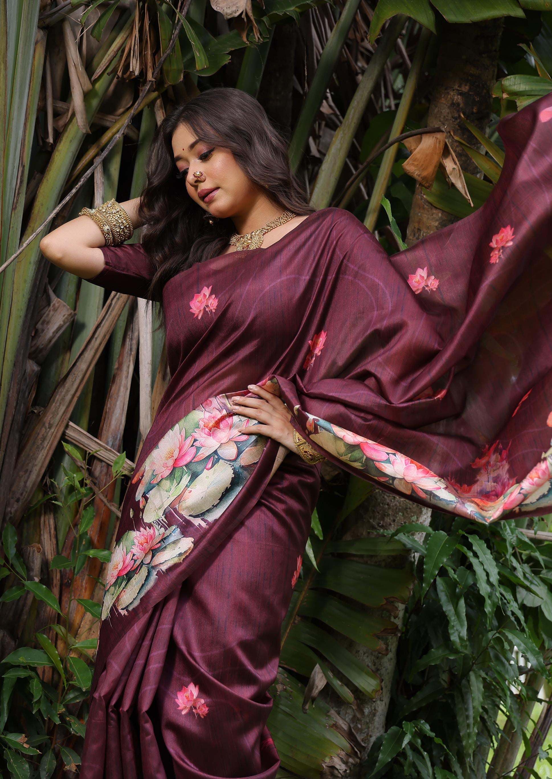 Jyoti Fashion Women's Wine Soft Tussar Silk Floral Printed Saree with Blouse - Distacart