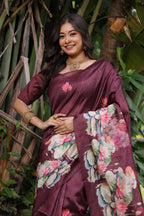 Jyoti Fashion Women's Wine Soft Tussar Silk Floral Printed Saree with Blouse - Distacart