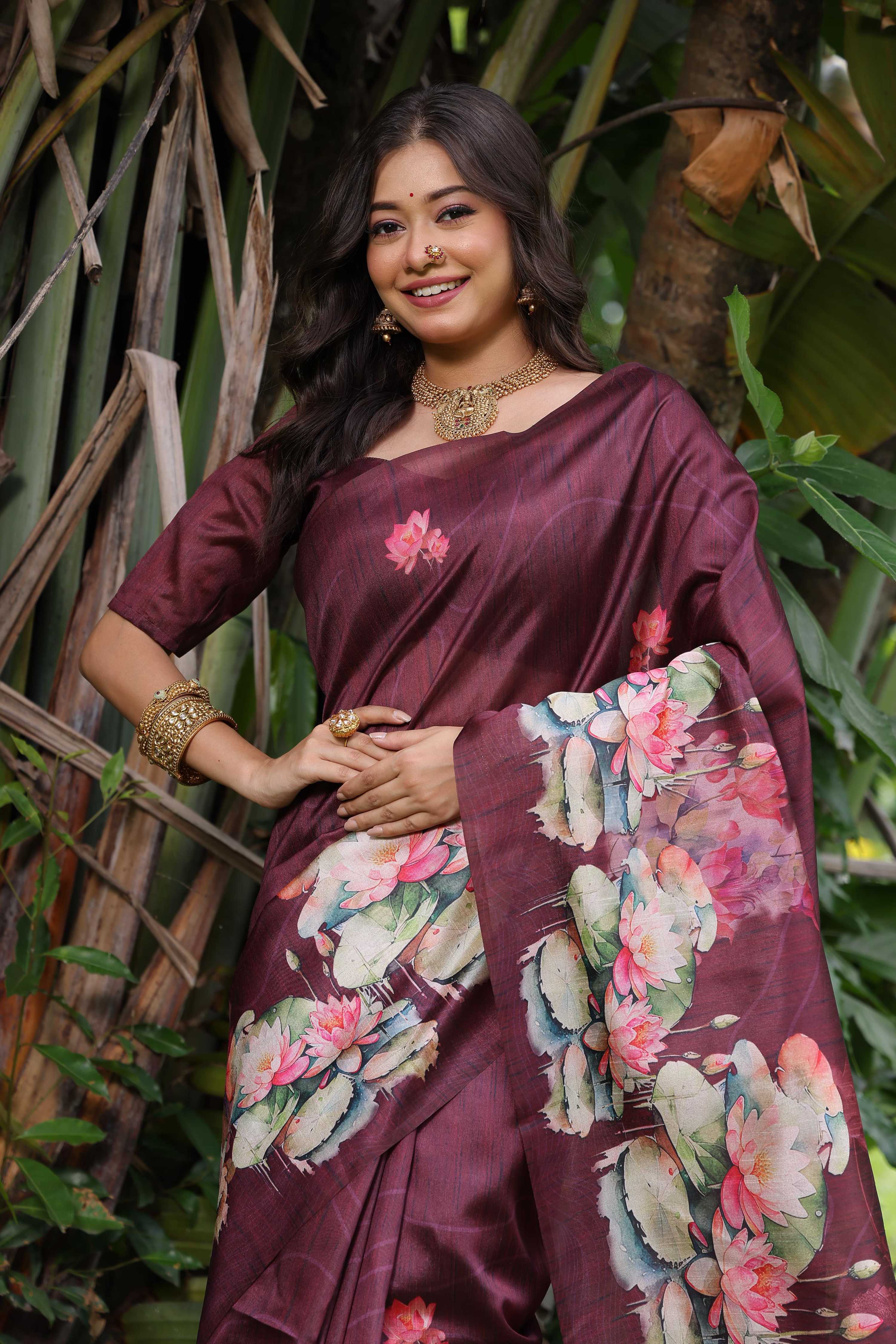 Jyoti Fashion Women's Wine Soft Tussar Silk Floral Printed Saree with Blouse - Distacart
