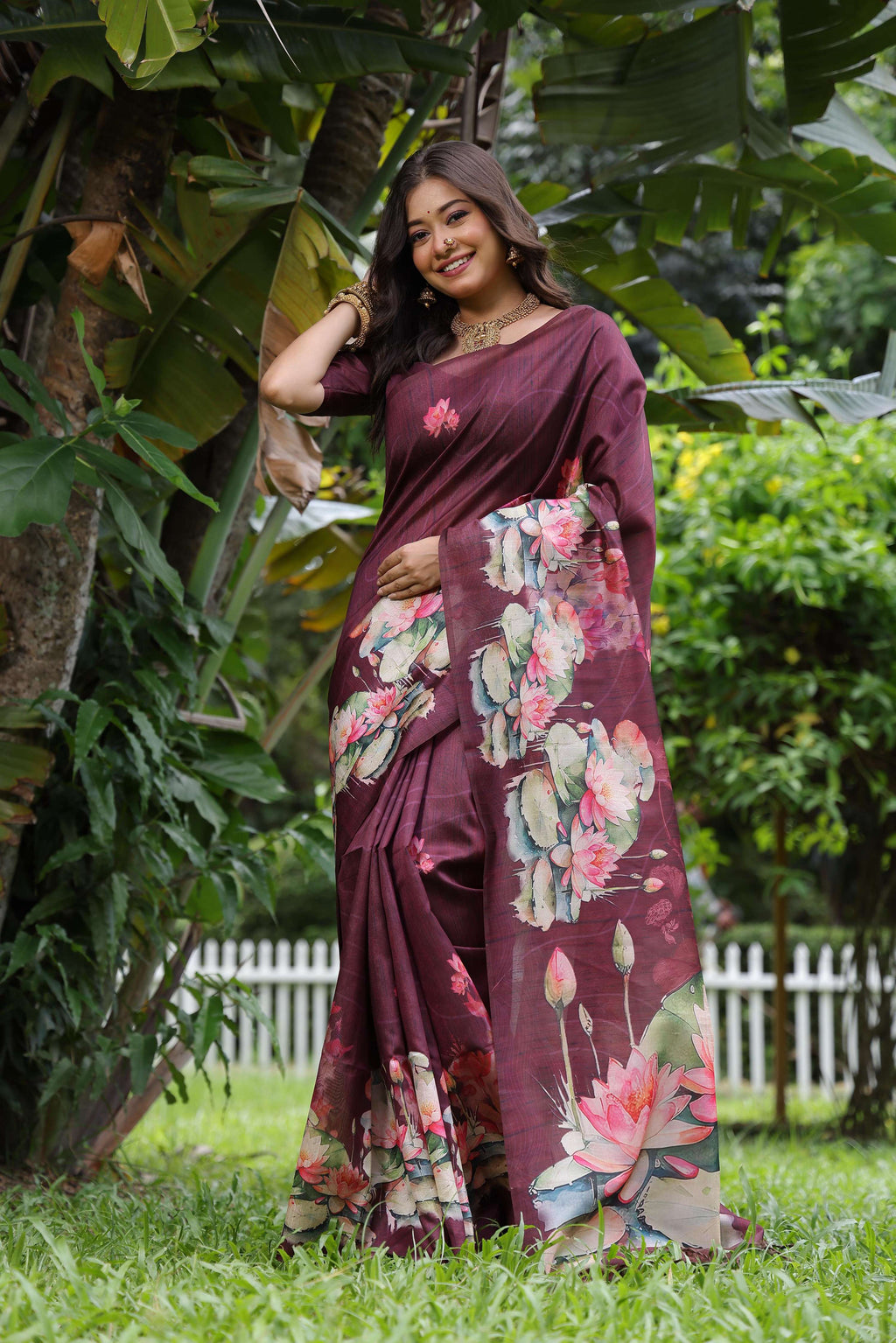 Jyoti Fashion Women's Wine Soft Tussar Silk Floral Printed Saree with Blouse - Distacart