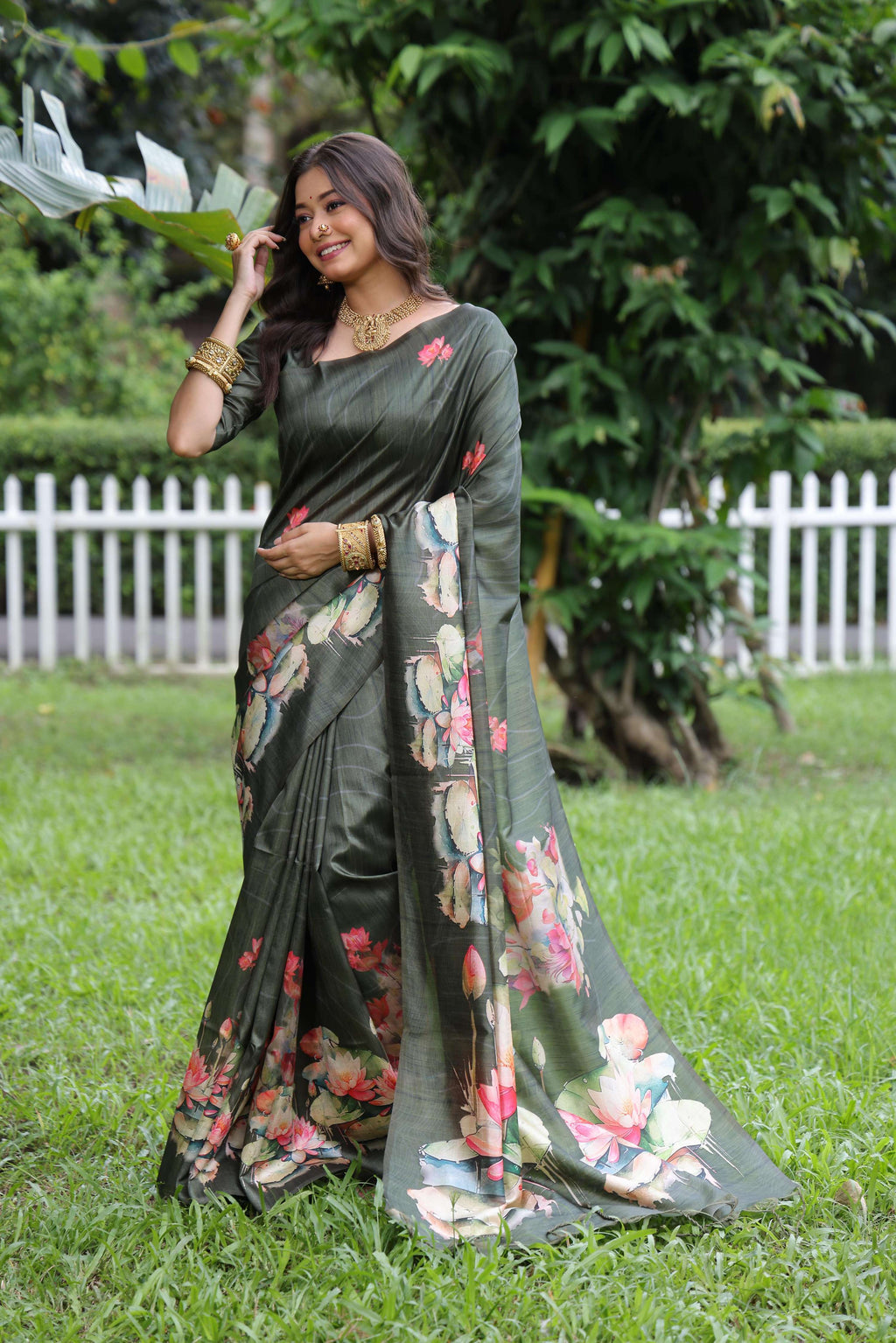 Jyoti Fashion Women's Mehendi Soft Tussar Silk Floral Printed Saree with Blouse - Distacart