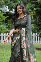 Jyoti Fashion Women's Mehendi Soft Tussar Silk Floral Printed Saree with Blouse - Distacart