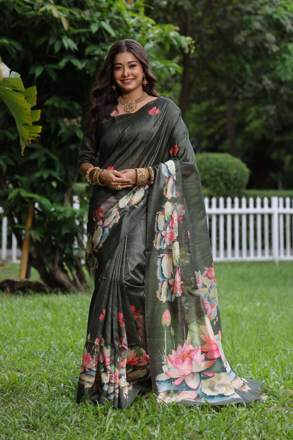 Jyoti Fashion Women's Mehendi Soft Tussar Silk Floral Printed Saree with Blouse - Distacart
