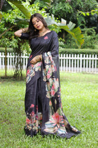 Jyoti Fashion Women's Black Soft Tussar Silk Floral Printed Saree with Blouse - Distacart