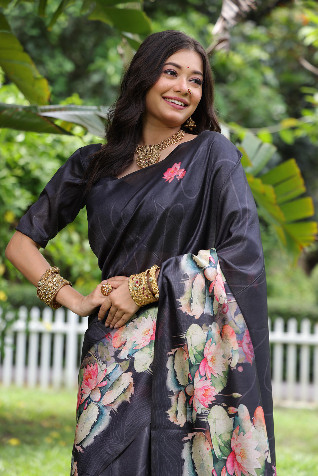 Jyoti Fashion Women's Black Soft Tussar Silk Floral Printed Saree with Blouse - Distacart