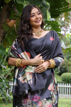 Jyoti Fashion Women's Black Soft Tussar Silk Floral Printed Saree with Blouse - Distacart