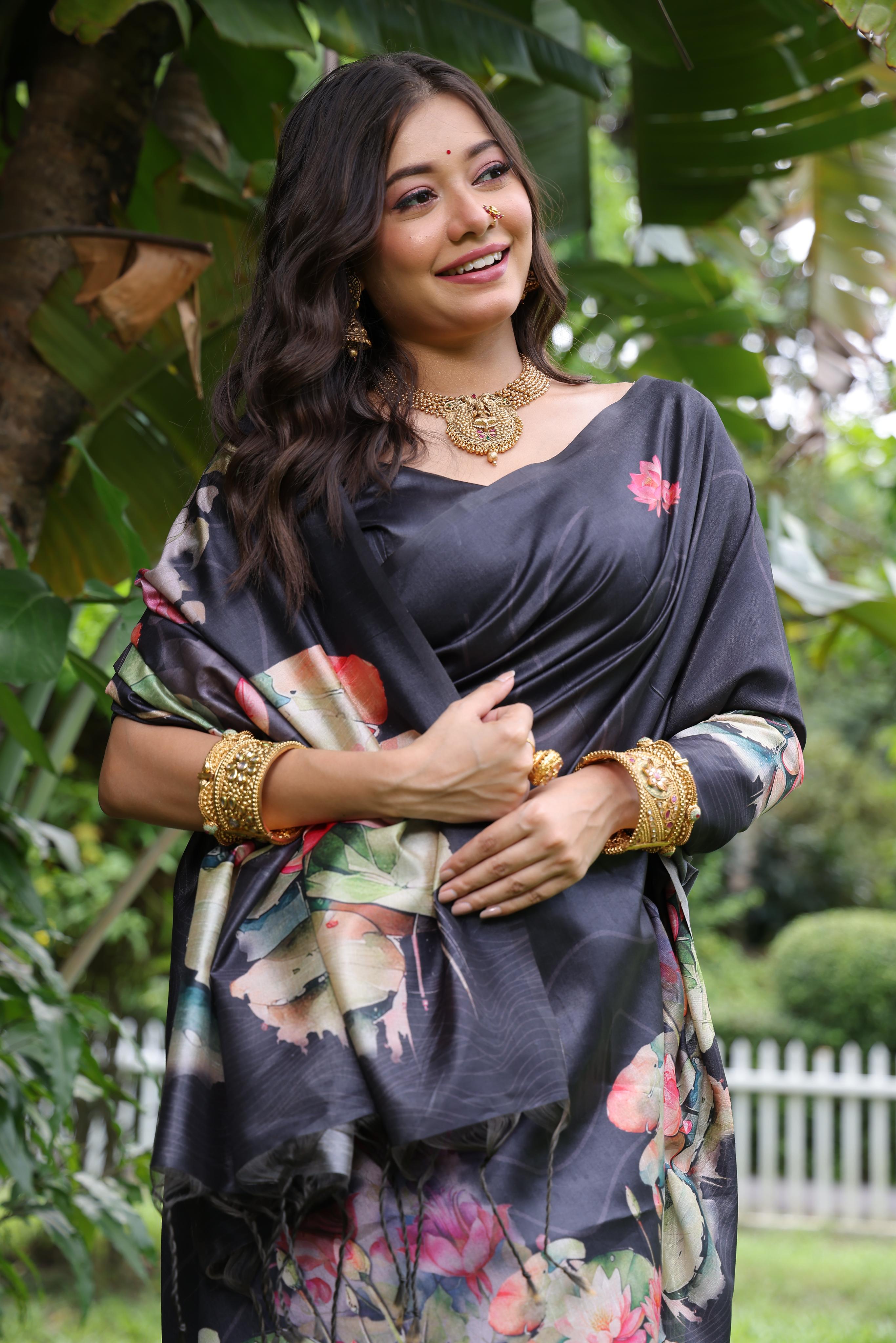 Jyoti Fashion Women's Black Soft Tussar Silk Floral Printed Saree with Blouse - Distacart