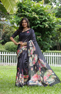 Jyoti Fashion Women's Black Soft Tussar Silk Floral Printed Saree with Blouse - Distacart