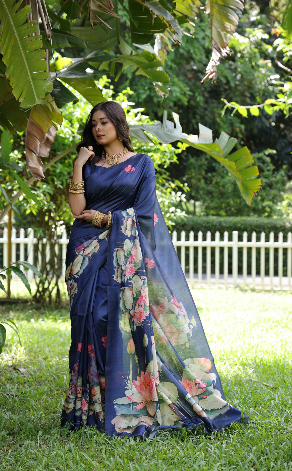 Jyoti Fashion Women's Blue Soft Tussar Silk Floral Printed Saree with Blouse - Distacart