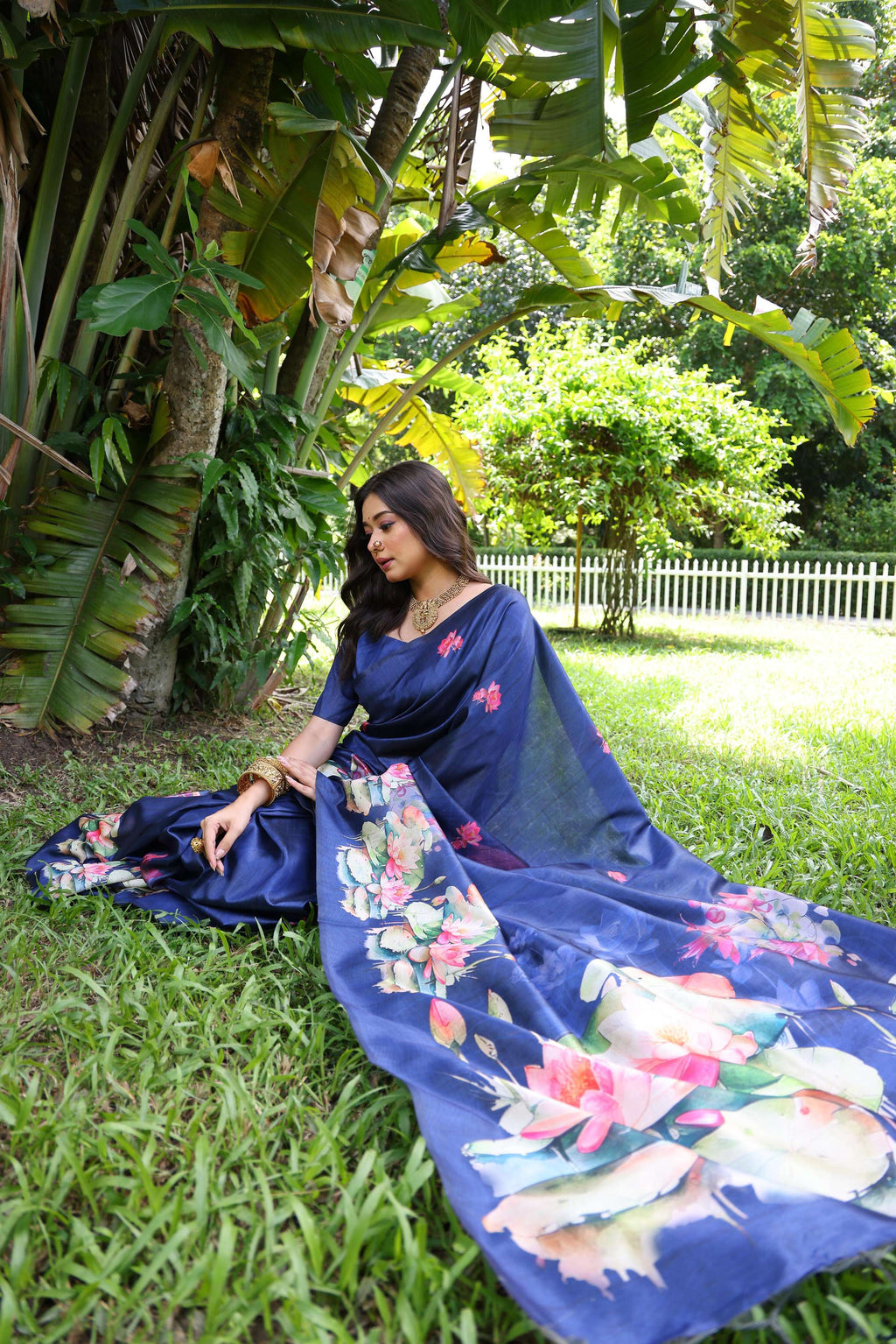 Jyoti Fashion Women's Blue Soft Tussar Silk Floral Printed Saree with Blouse - Distacart