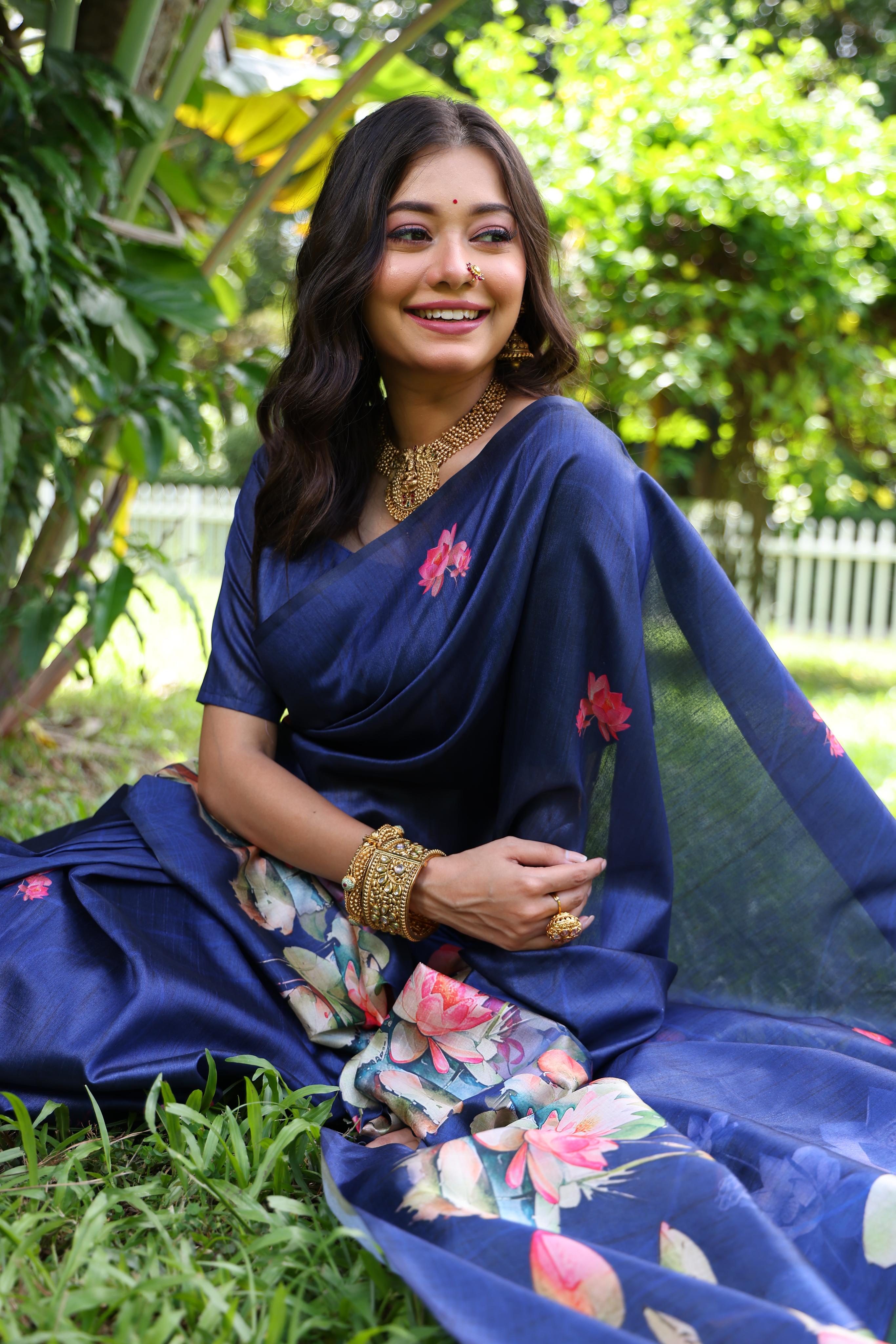 Jyoti Fashion Women's Blue Soft Tussar Silk Floral Printed Saree with Blouse - Distacart