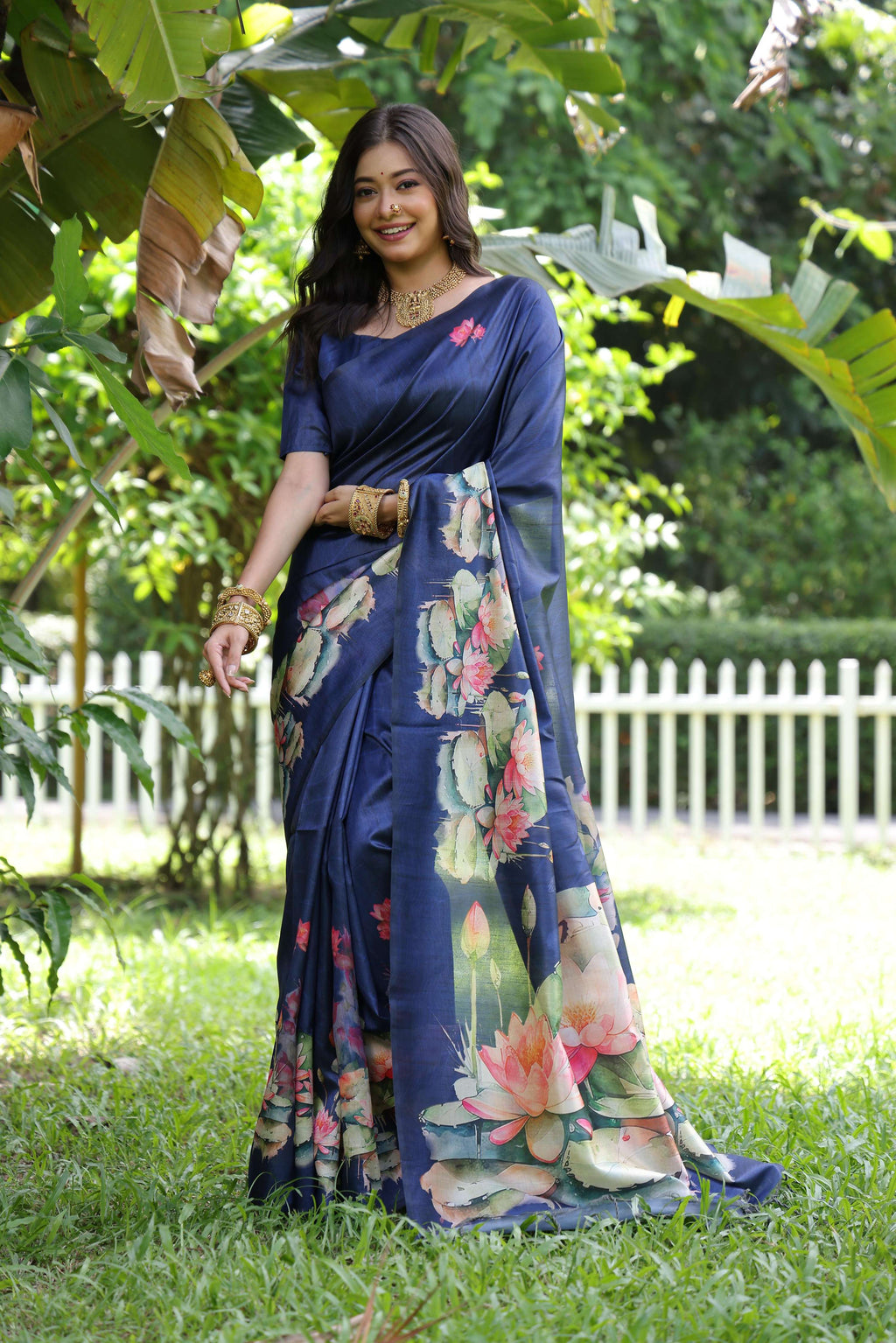 Jyoti Fashion Women's Blue Soft Tussar Silk Floral Printed Saree with Blouse - Distacart