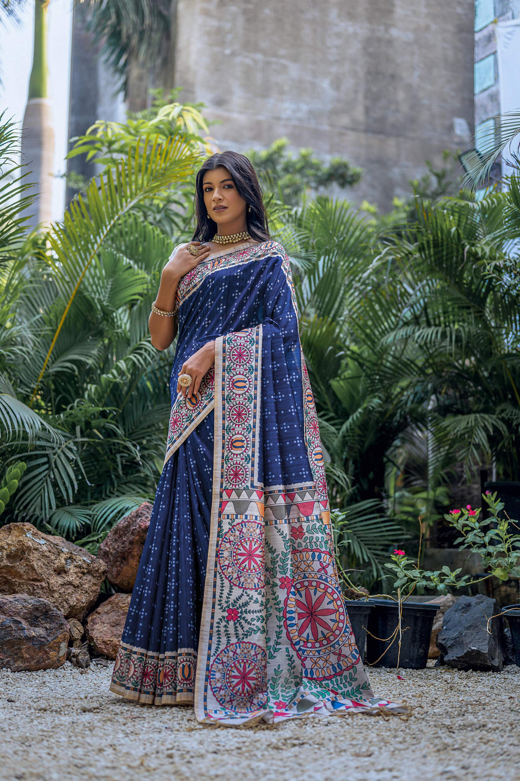 Jyoti Fashion Women's Navy Blue Soft Tussar Silk Madhubani Printed Saree with Blouse - Distacart