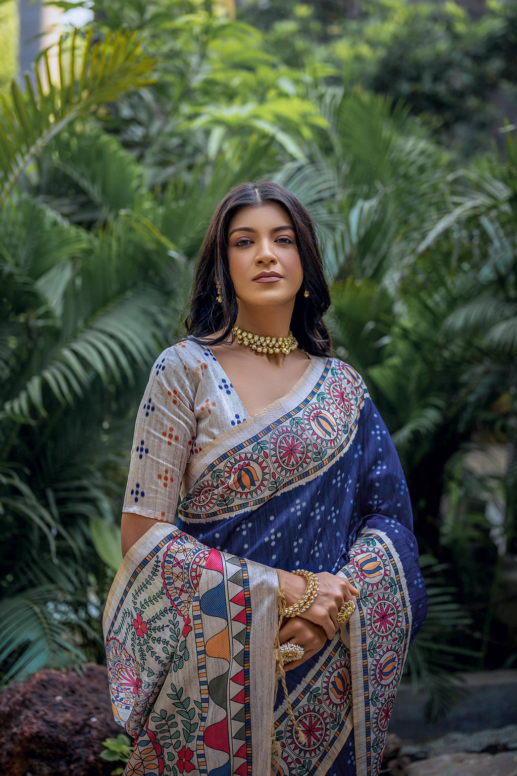 Jyoti Fashion Women's Navy Blue Soft Tussar Silk Madhubani Printed Saree with Blouse - Distacart