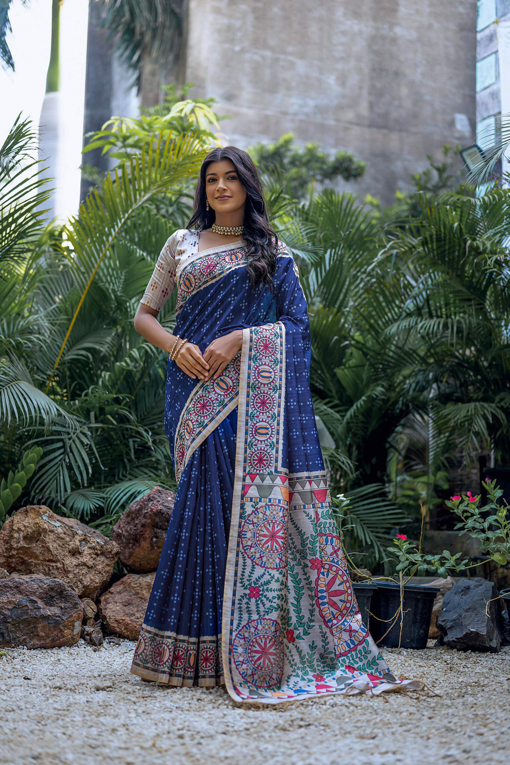 Jyoti Fashion Women's Navy Blue Soft Tussar Silk Madhubani Printed Saree with Blouse - Distacart