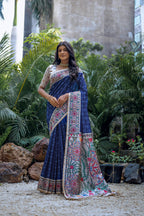 Jyoti Fashion Women's Navy Blue Soft Tussar Silk Madhubani Printed Saree with Blouse - Distacart