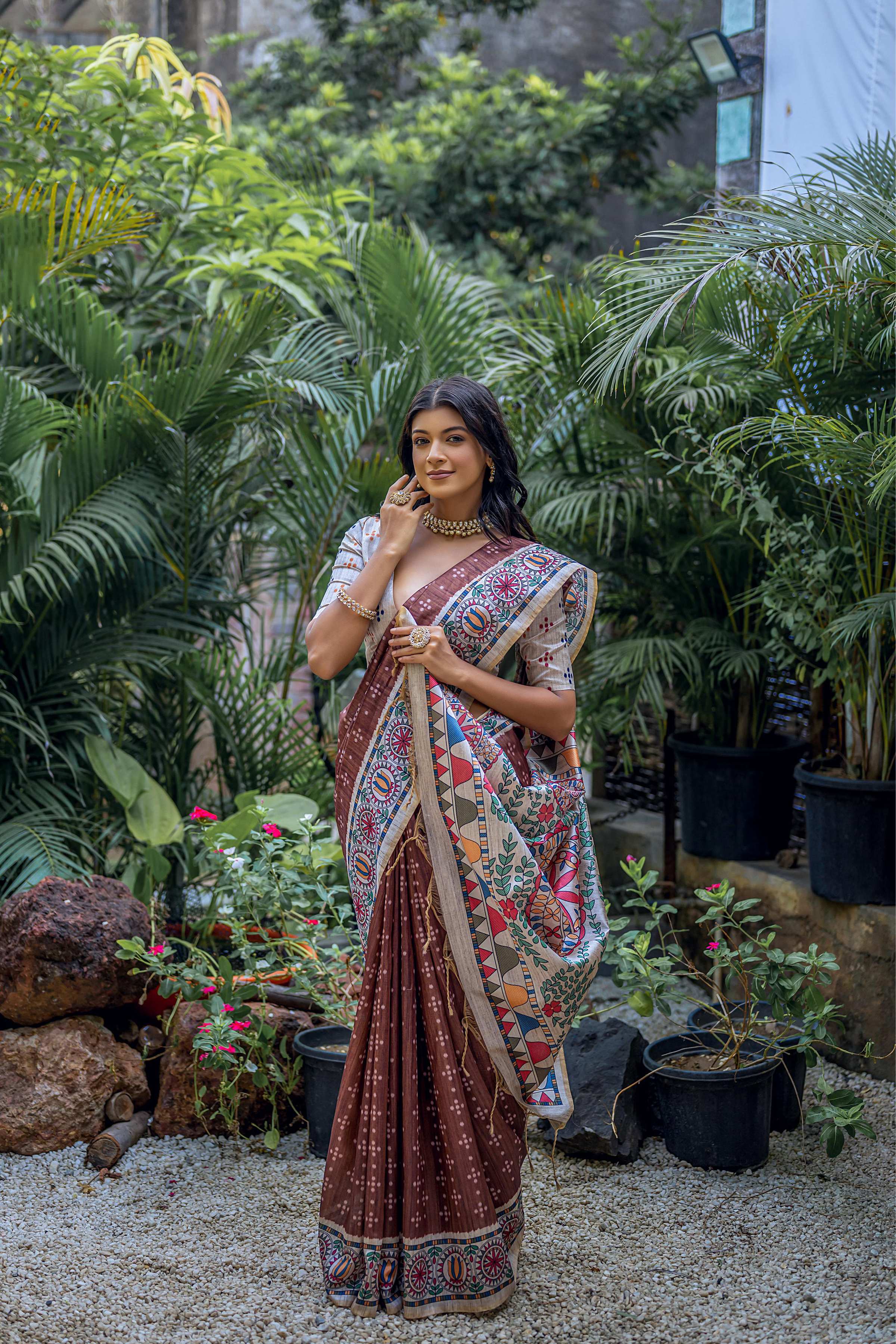 Jyoti Fashion Women's Brown Soft Tussar Silk Madhubani Printed Saree with Blouse - Distacart
