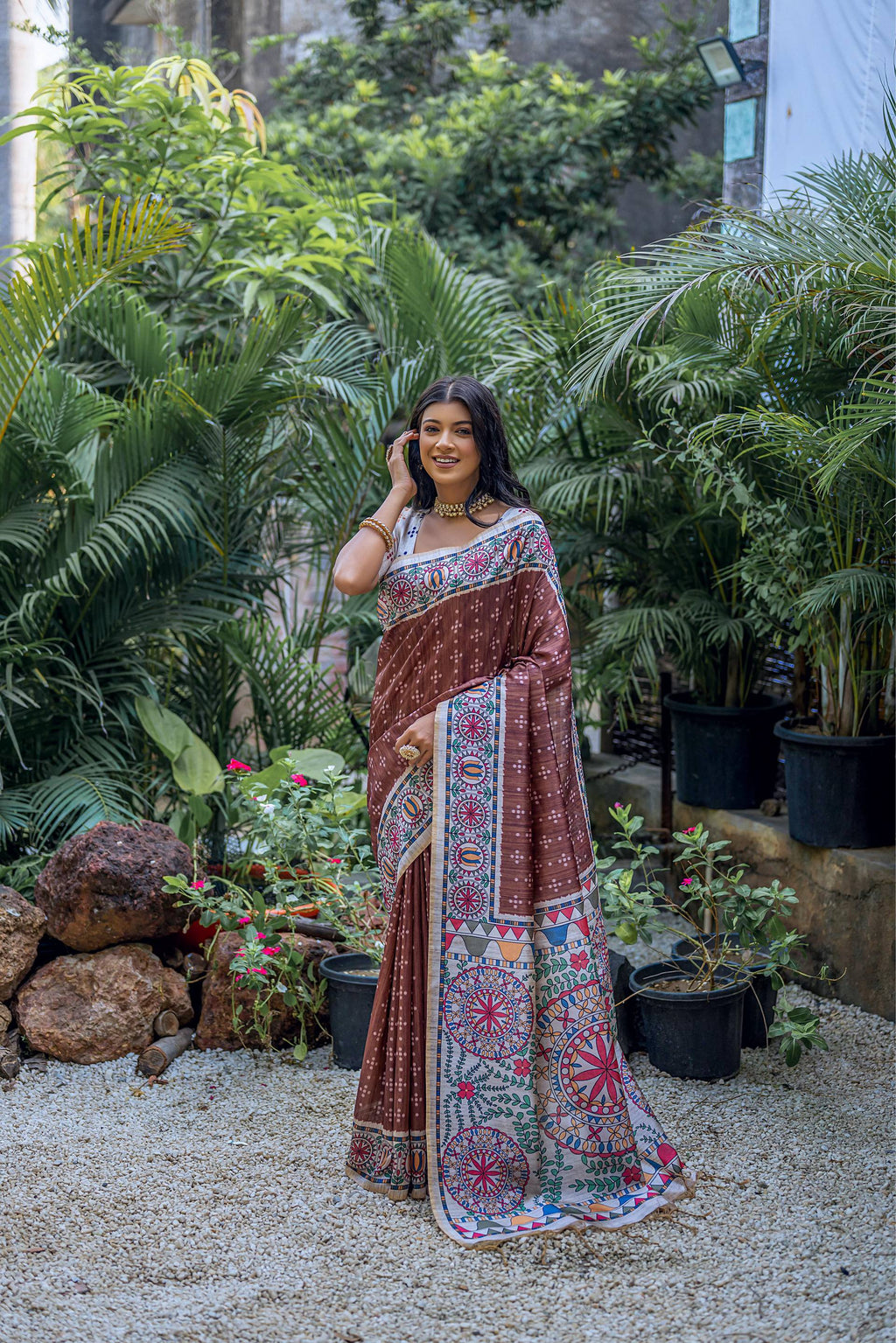 Jyoti Fashion Women's Brown Soft Tussar Silk Madhubani Printed Saree with Blouse - Distacart