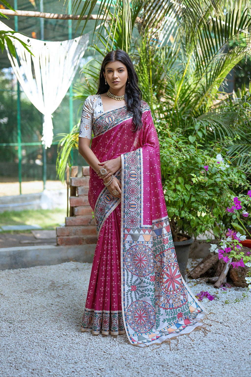 Jyoti Fashion Women's Rani Pink Soft Tussar Silk Madhubani Printed Saree with Blouse - Distacart
