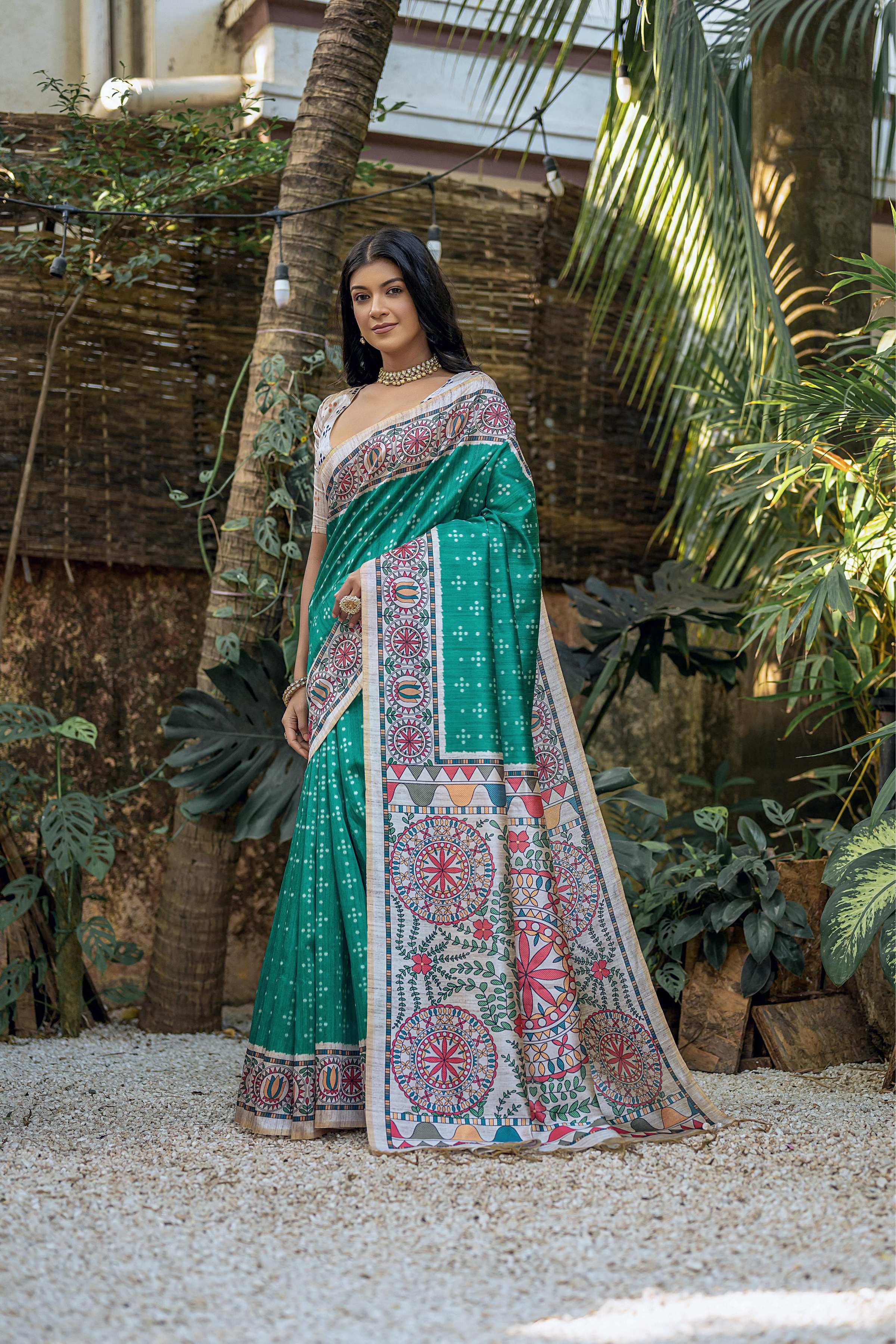 Jyoti Fashion Women's Sea Green Soft Tussar Silk Madhubani Printed Saree with Blouse - Distacart