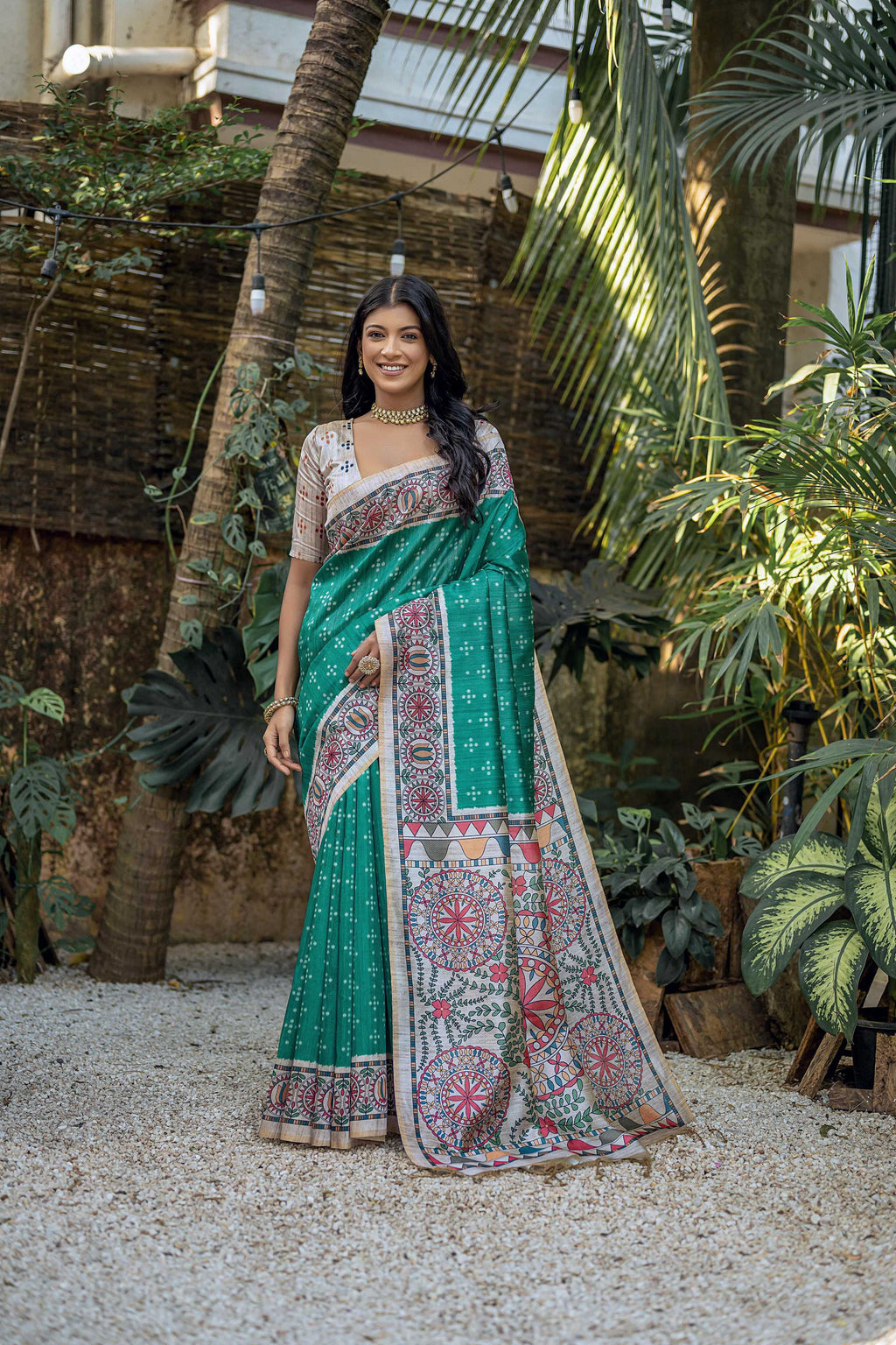 Jyoti Fashion Women's Sea Green Soft Tussar Silk Madhubani Printed Saree with Blouse - Distacart