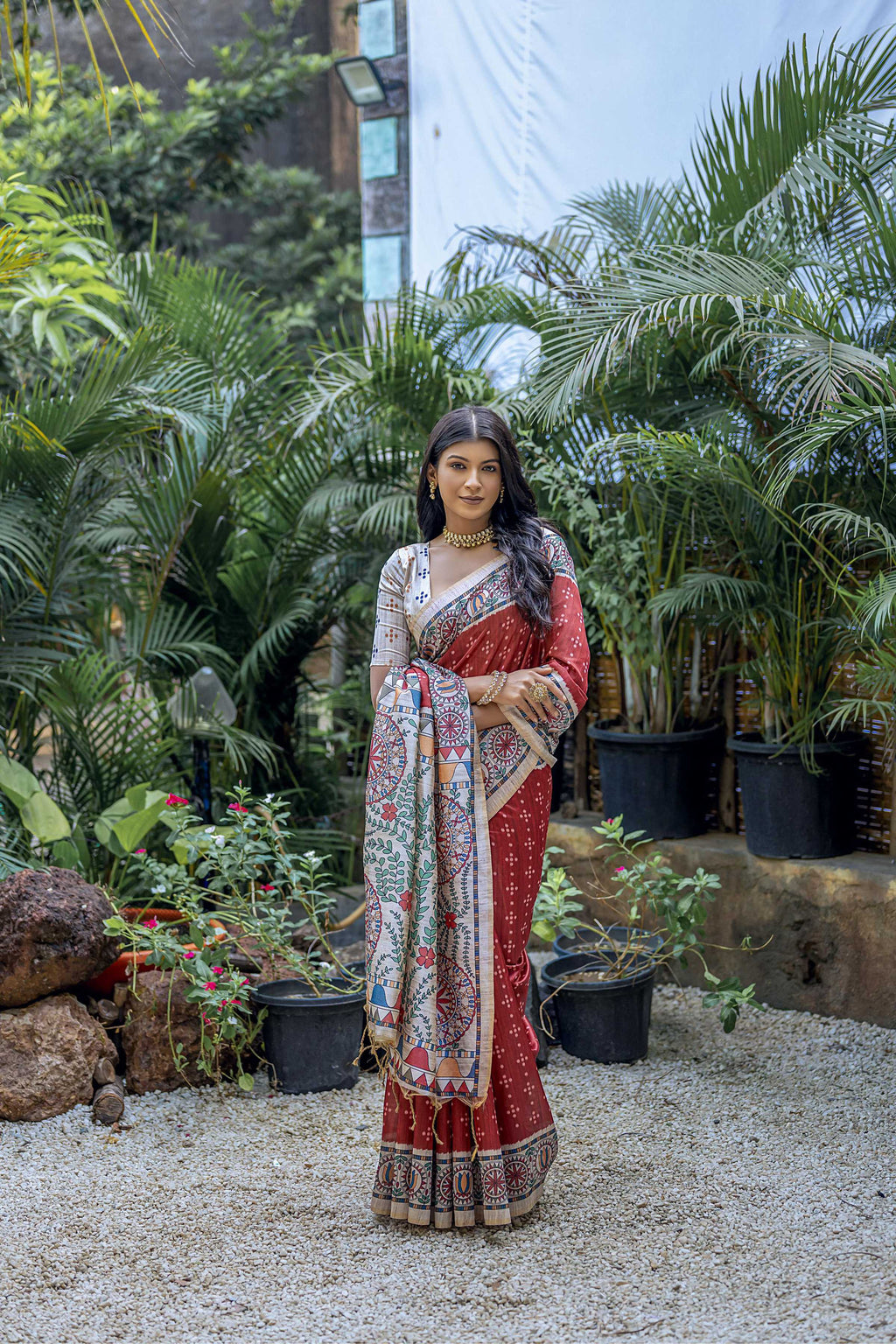 Jyoti Fashion Women's Maroon Soft Tussar Silk Madhubani Printed Saree with Blouse - Distacart