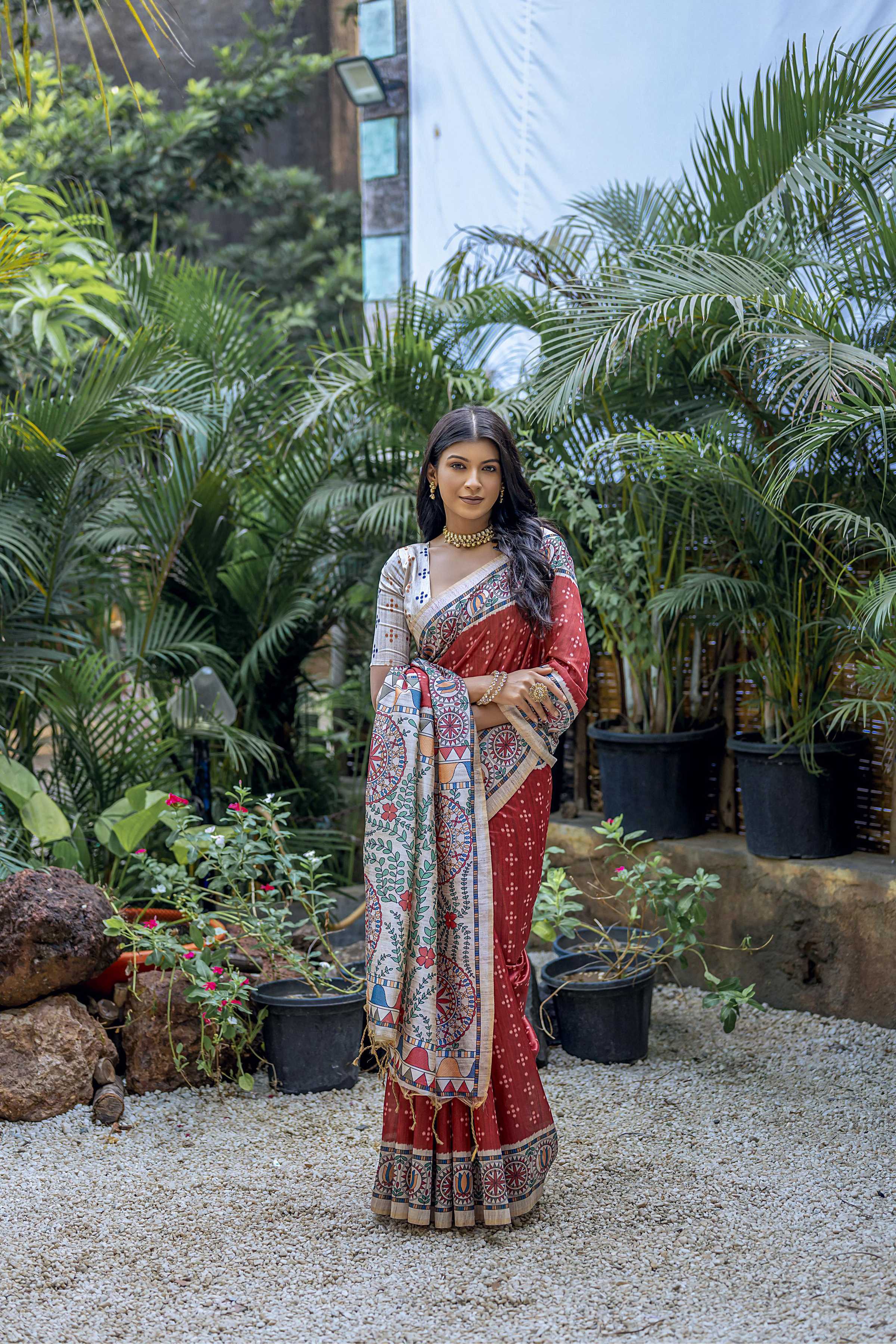 Jyoti Fashion Women's Maroon Soft Tussar Silk Madhubani Printed Saree with Blouse - Distacart