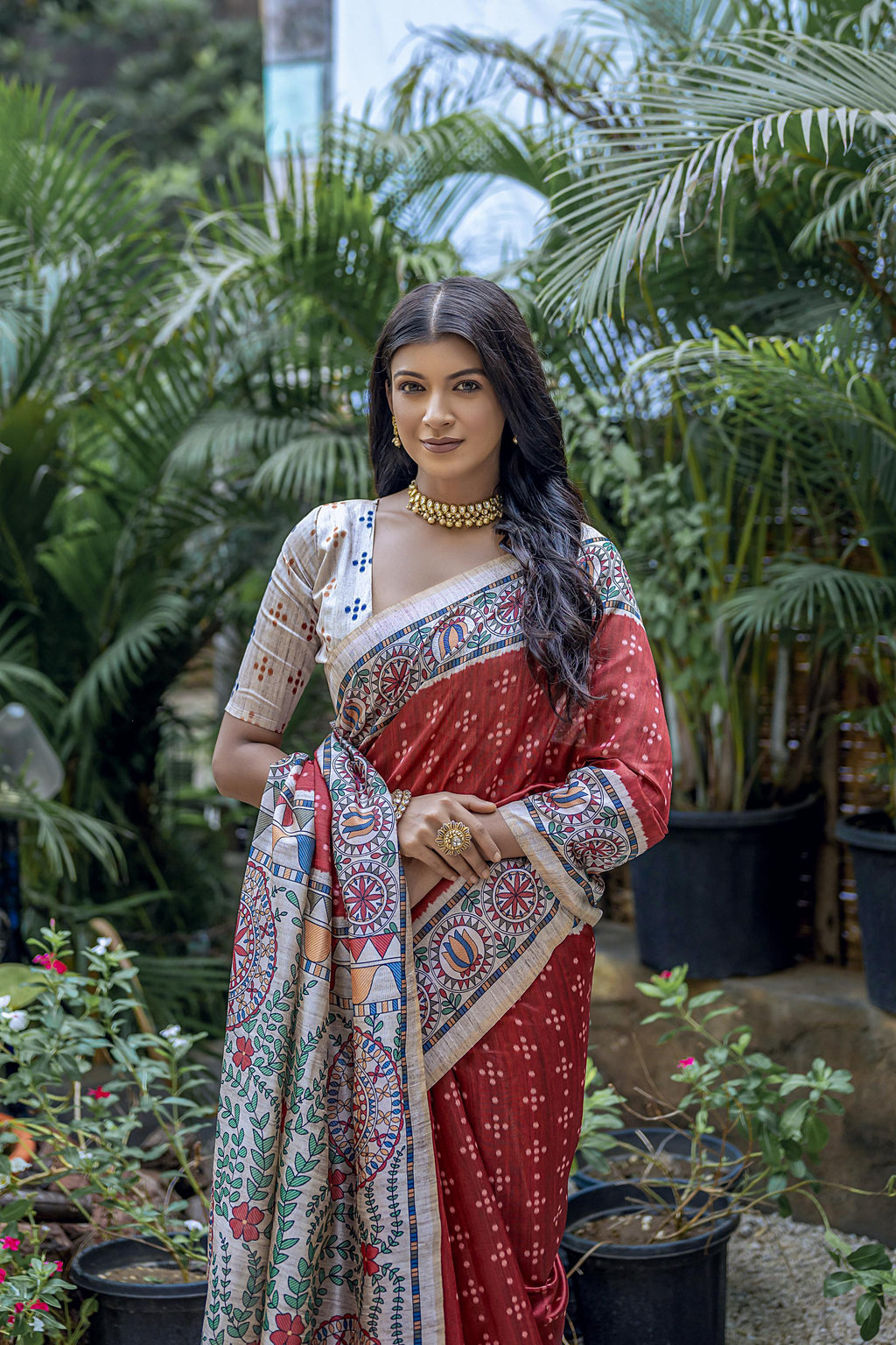 Jyoti Fashion Women's Maroon Soft Tussar Silk Madhubani Printed Saree with Blouse - Distacart