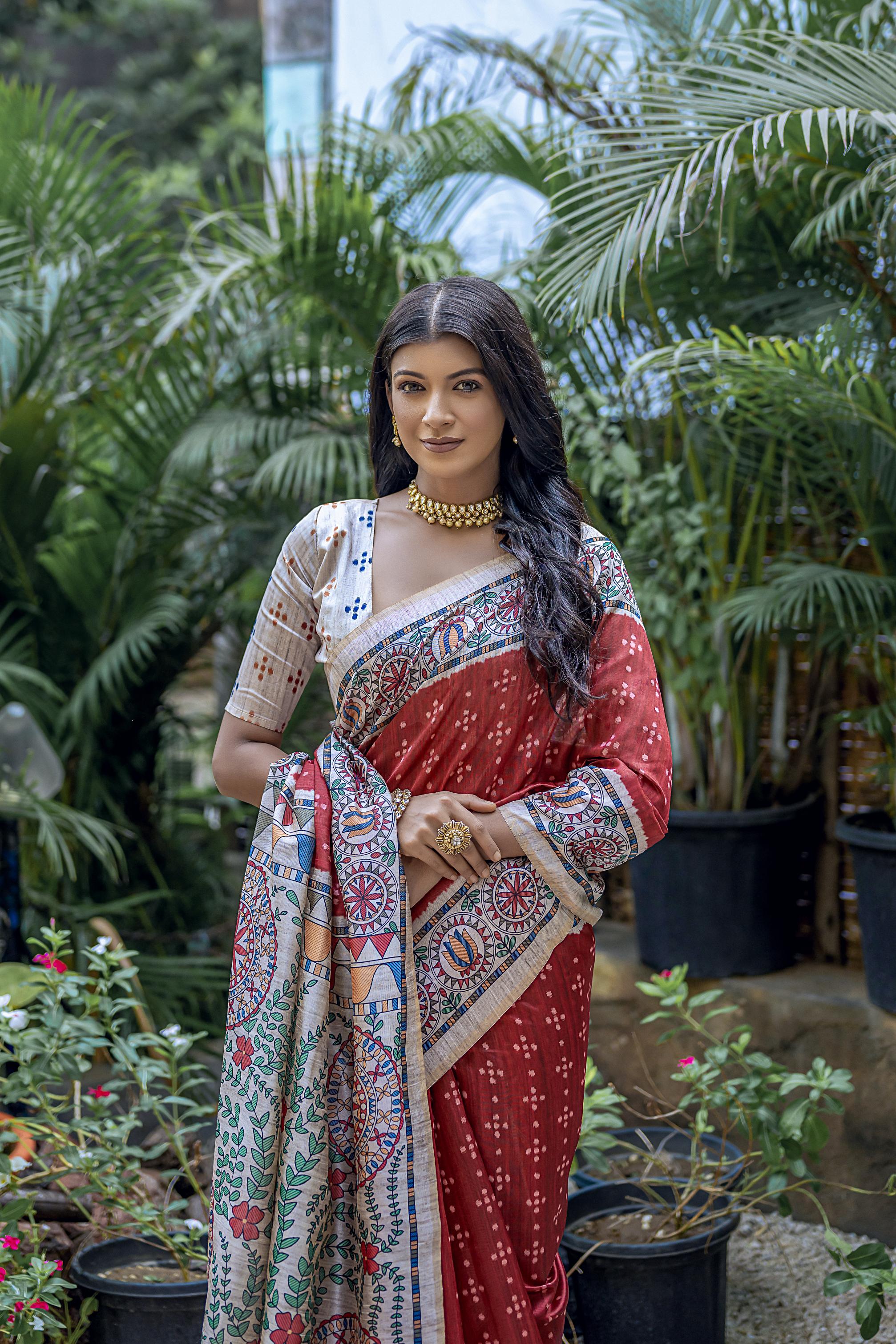 Jyoti Fashion Women's Maroon Soft Tussar Silk Madhubani Printed Saree with Blouse - Distacart