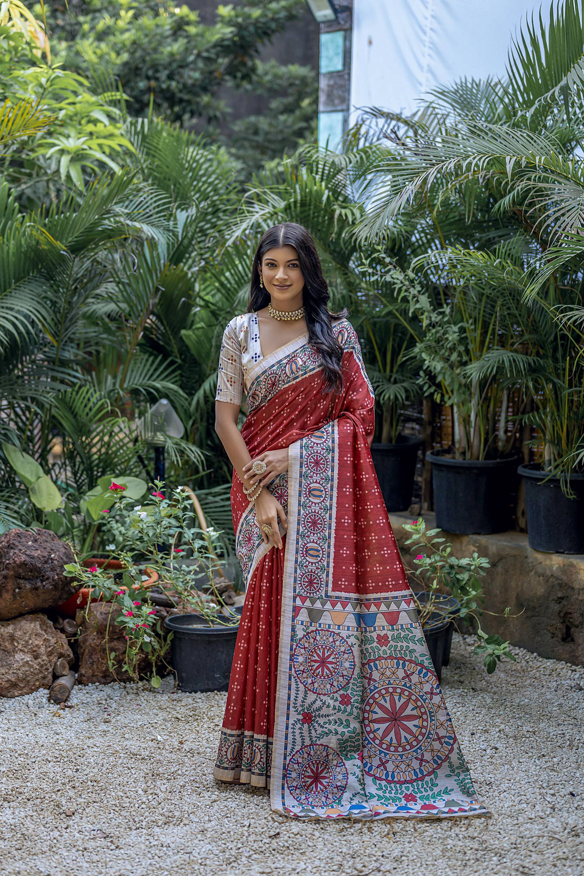 Jyoti Fashion Women's Maroon Soft Tussar Silk Madhubani Printed Saree with Blouse - Distacart