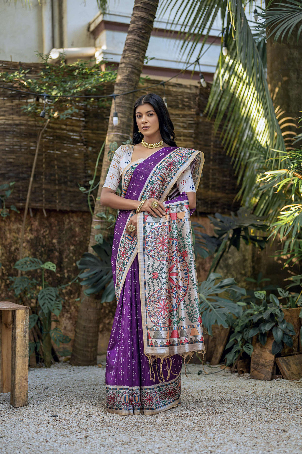 Jyoti Fashion Women's Purple Soft Tussar Silk Madhubani Printed Saree with Blouse - Distacart
