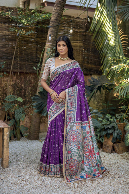 Jyoti Fashion Women's Purple Soft Tussar Silk Madhubani Printed Saree with Blouse