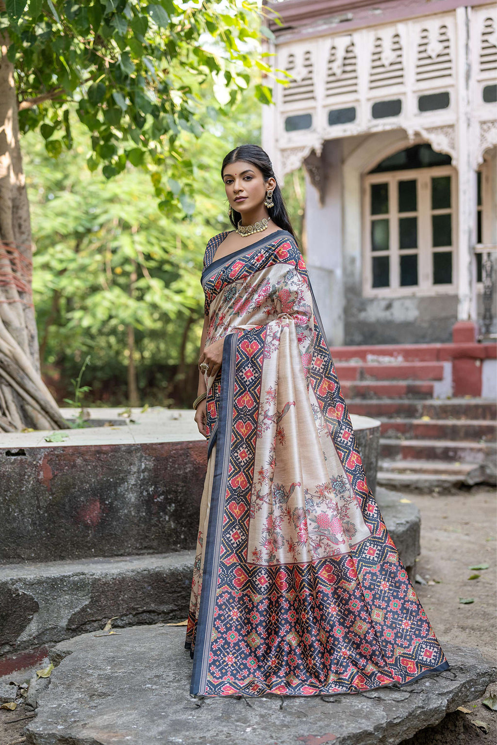 Jyoti Fashion Women's Navy Blue Soft Tussar Silk Floral Printed Saree with Blouse - Distacart