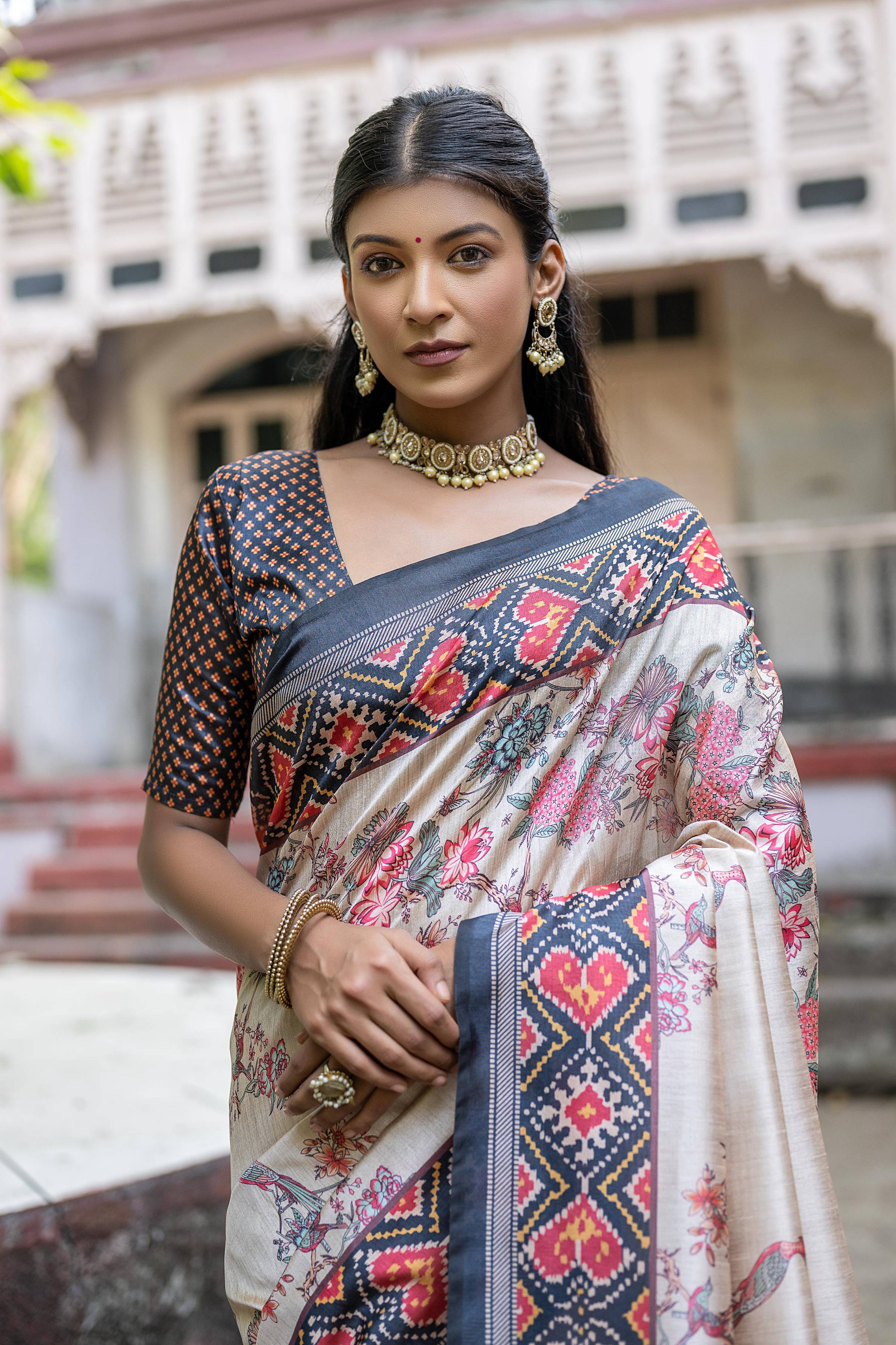 Jyoti Fashion Women's Navy Blue Soft Tussar Silk Floral Printed Saree with Blouse - Distacart