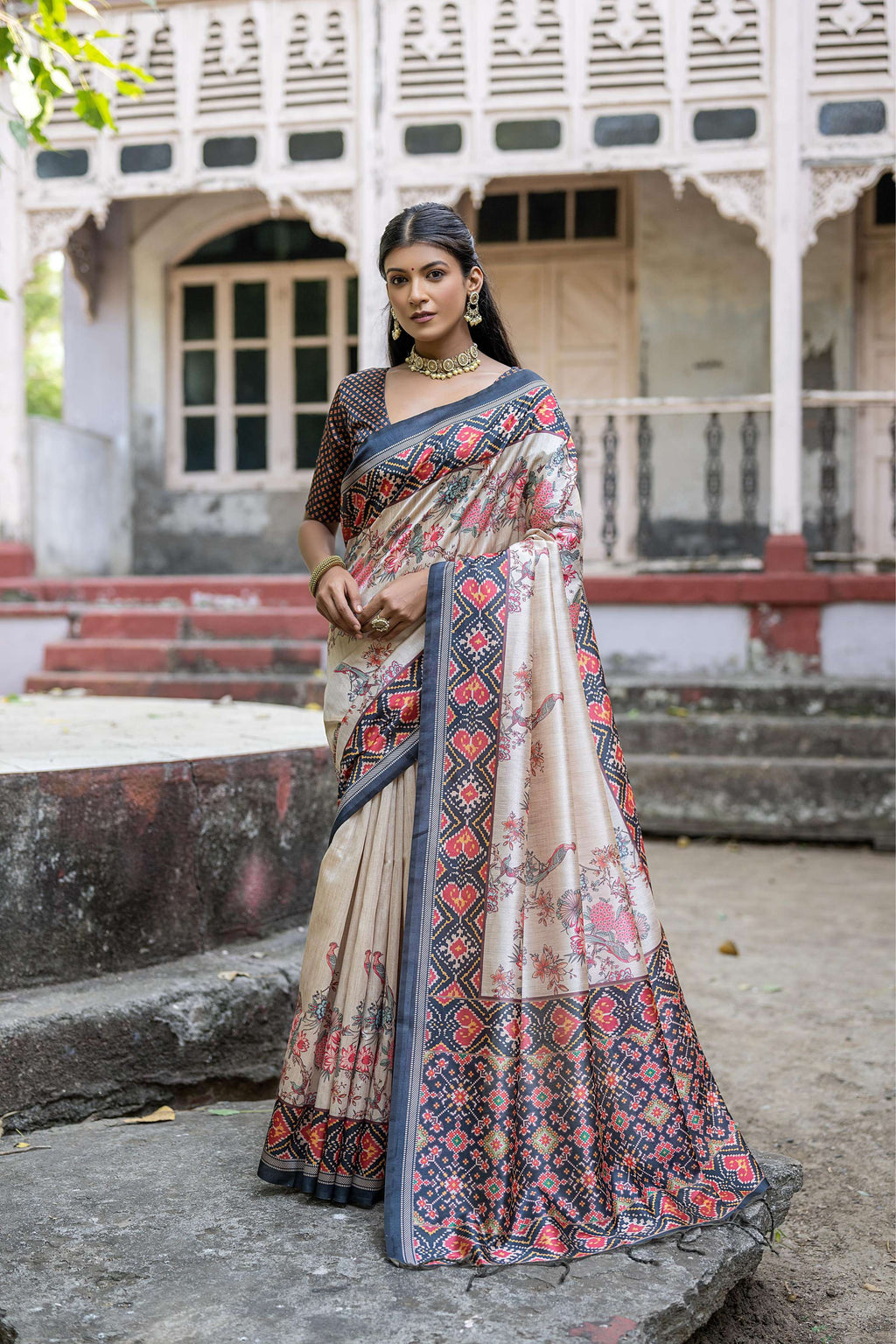 Jyoti Fashion Women's Navy Blue Soft Tussar Silk Floral Printed Saree with Blouse - Distacart
