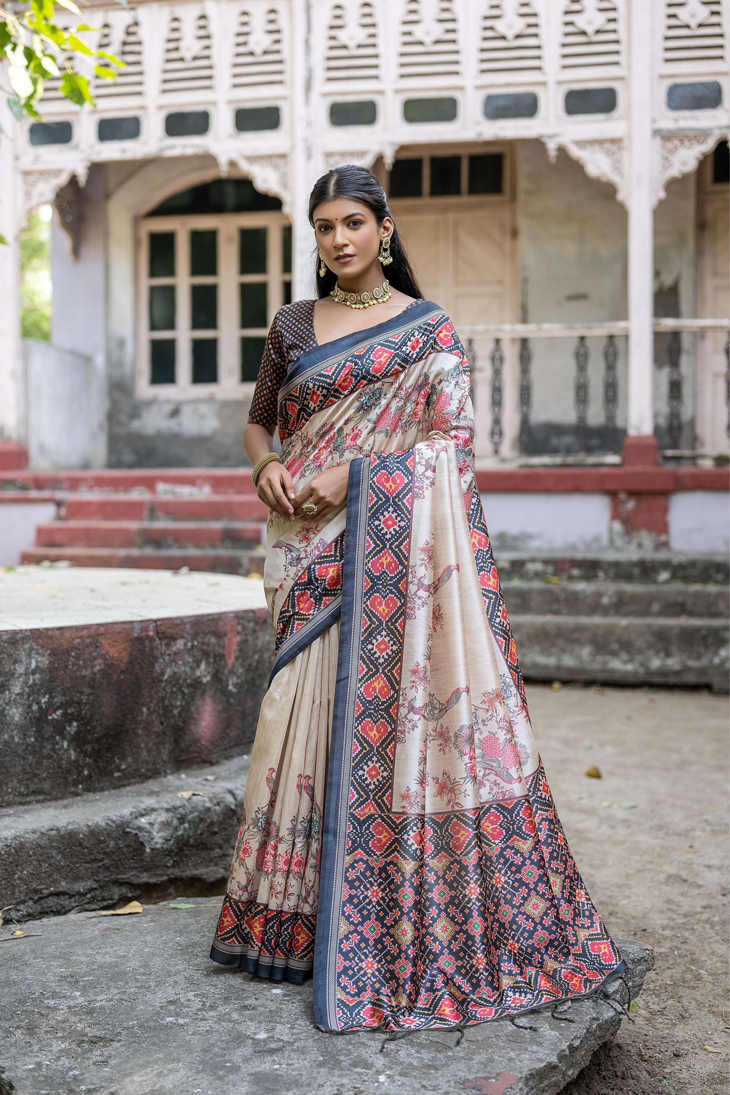 Jyoti Fashion Women's Navy Blue Soft Tussar Silk Floral Printed Saree with Blouse - Distacart