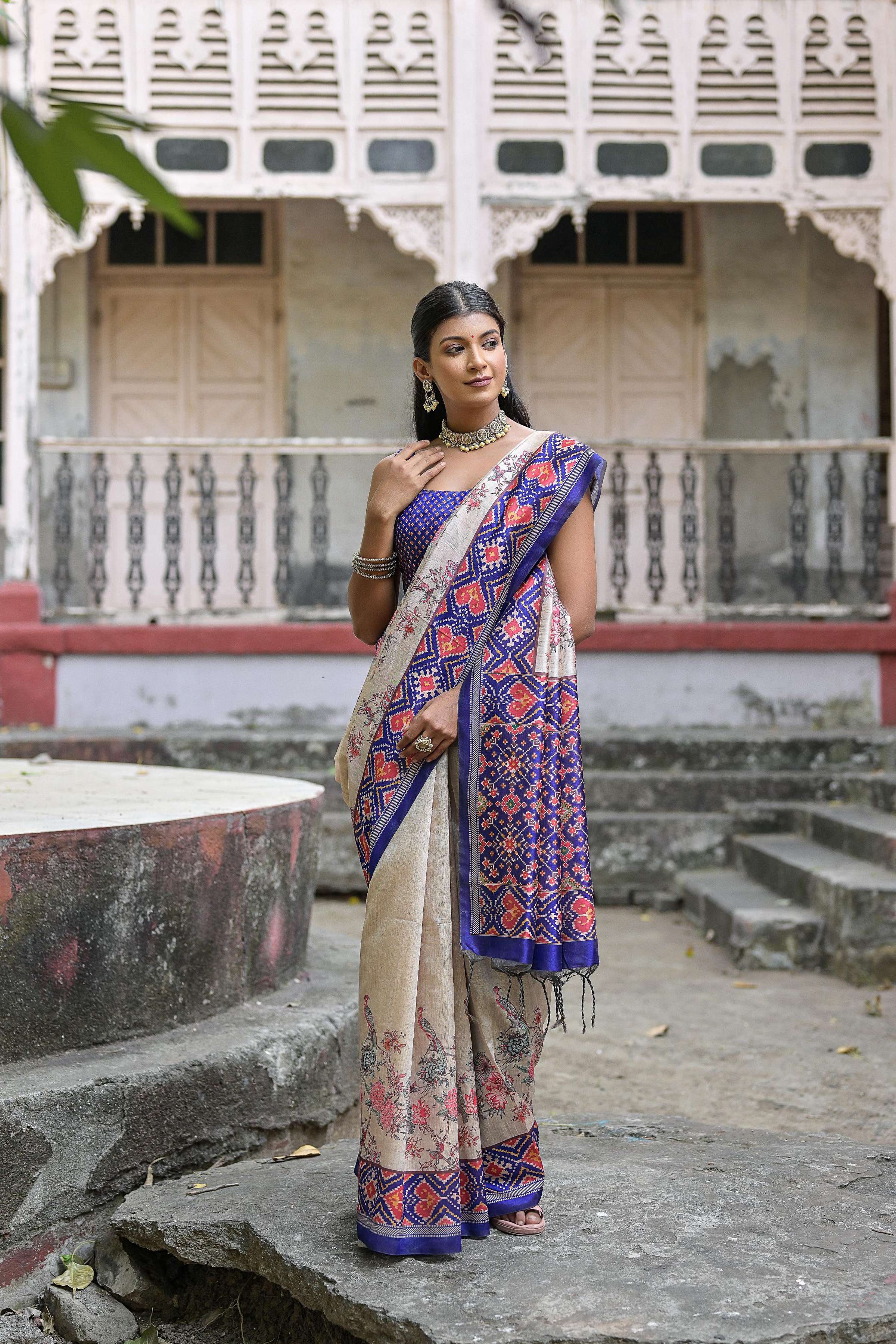 Jyoti Fashion Women's Royal Blue Soft Tussar Silk Floral Printed Saree with Blouse - Distacart