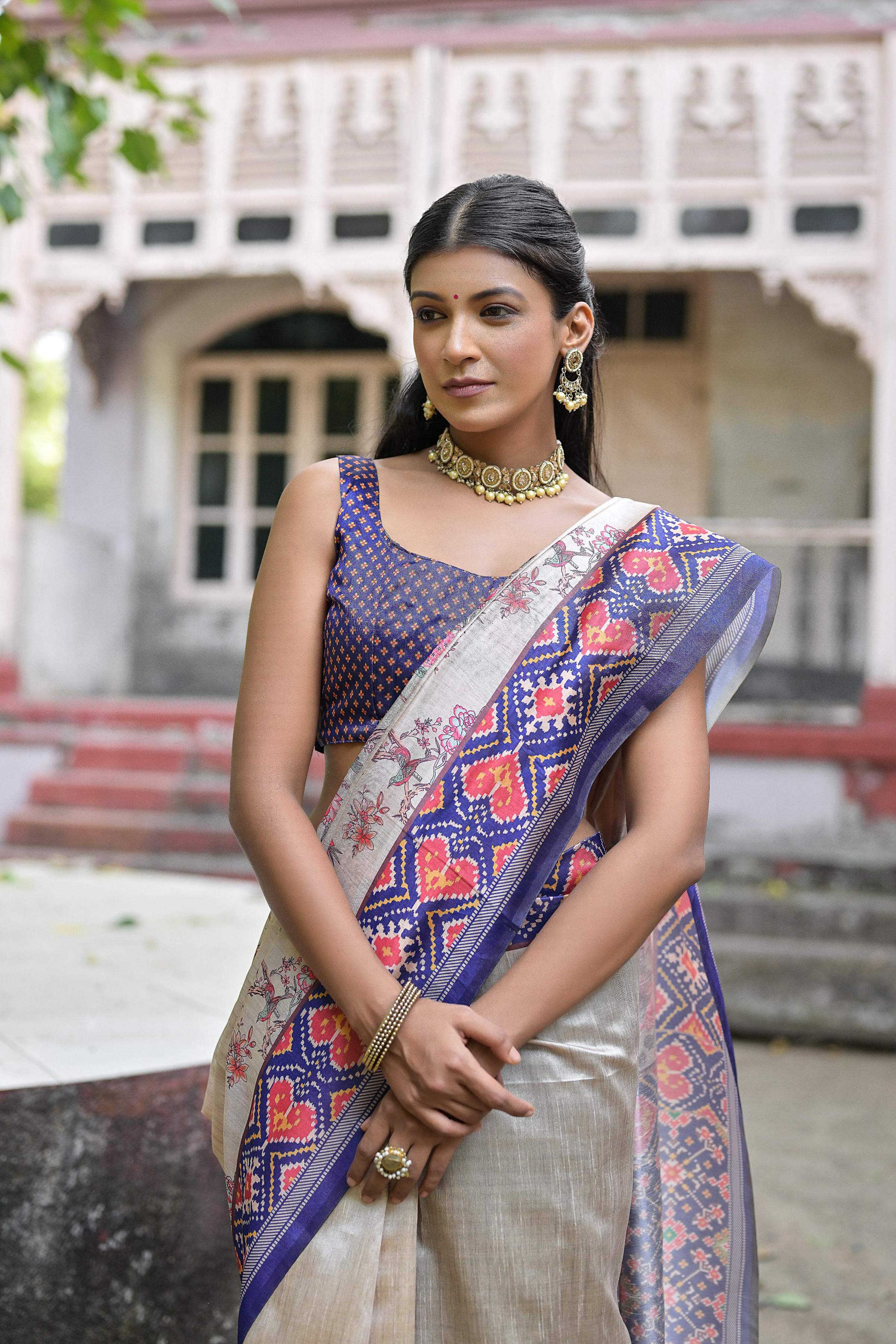 Jyoti Fashion Women's Royal Blue Soft Tussar Silk Floral Printed Saree with Blouse - Distacart