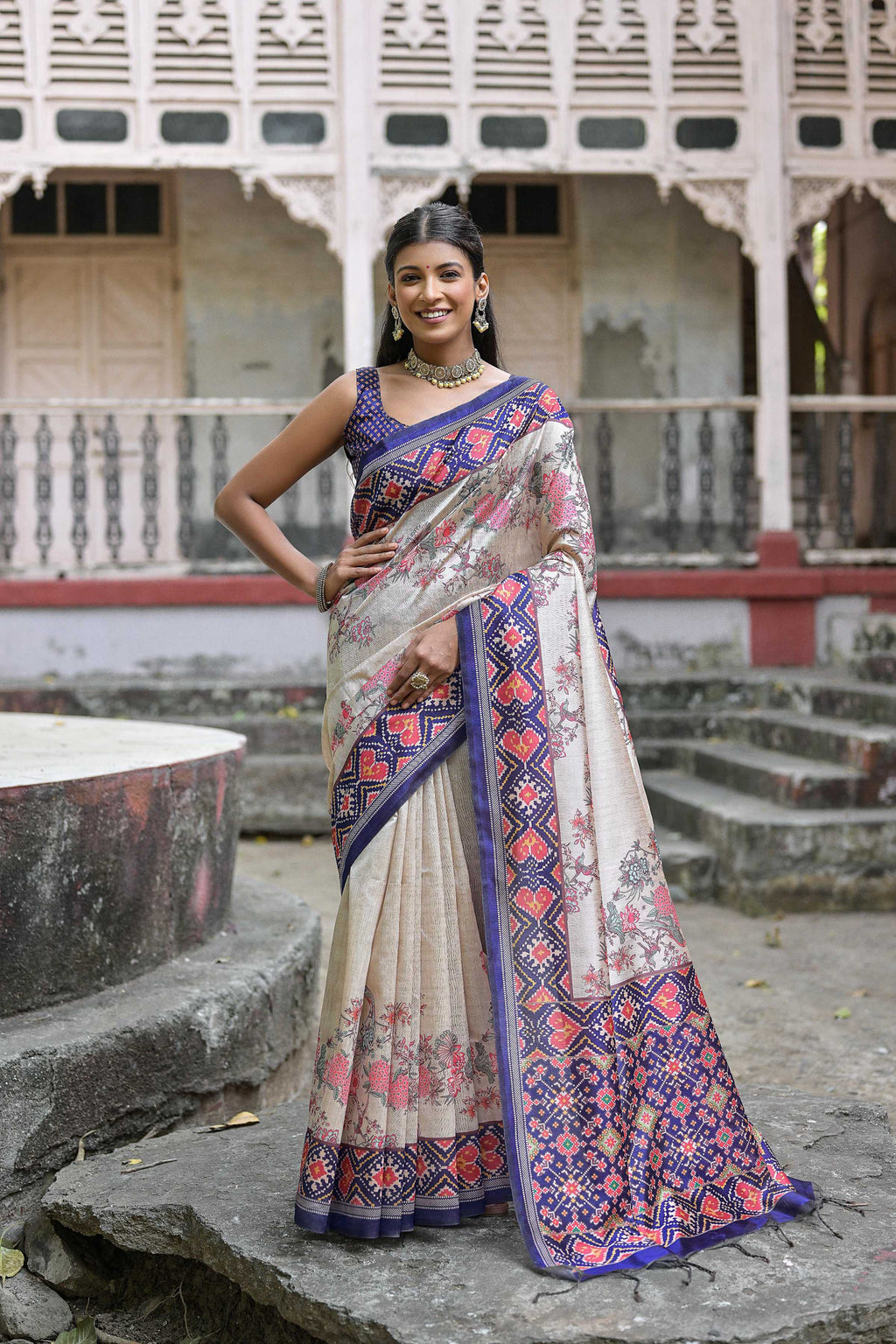 Jyoti Fashion Women's Royal Blue Soft Tussar Silk Floral Printed Saree with Blouse - Distacart