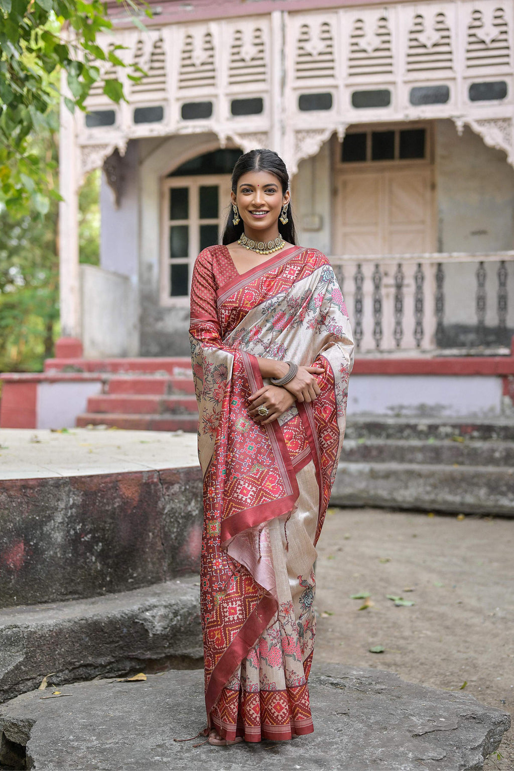 Jyoti Fashion Women's Maroon Soft Tussar Silk Floral Printed Saree with Blouse - Distacart