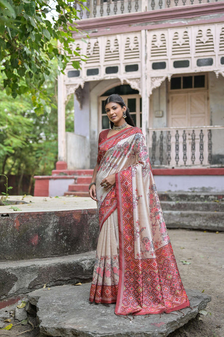 Jyoti Fashion Women's Maroon Soft Tussar Silk Floral Printed Saree with Blouse