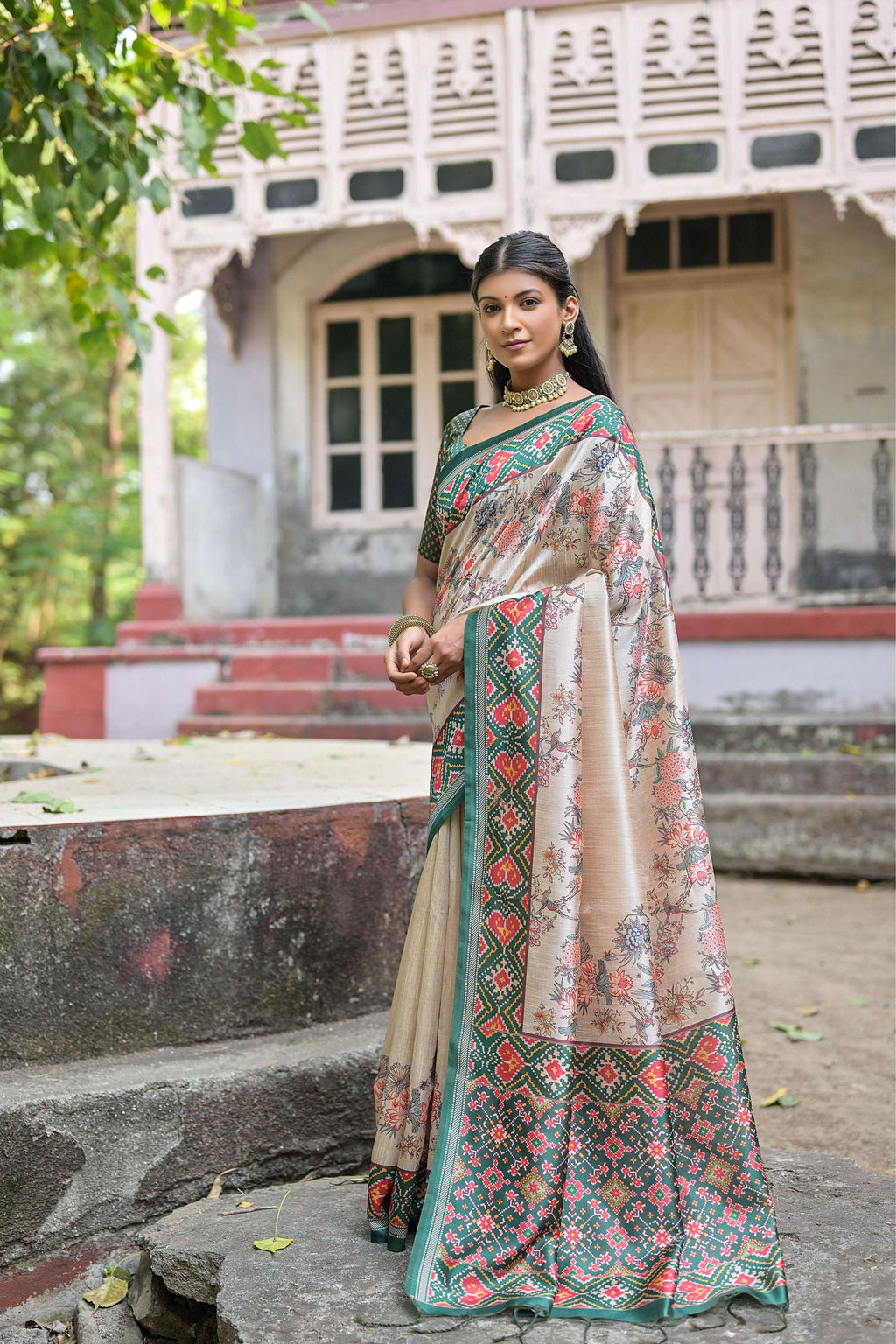 Jyoti Fashion Women's Rama Soft Tussar Silk Floral Printed Saree with Blouse - Distacart