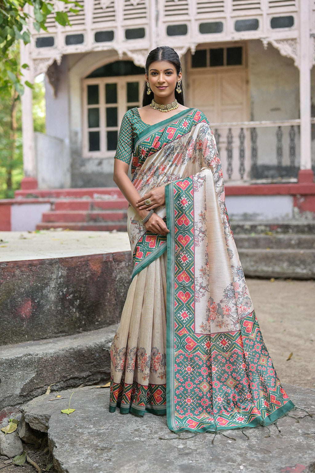 Jyoti Fashion Women's Rama Soft Tussar Silk Floral Printed Saree with Blouse - Distacart