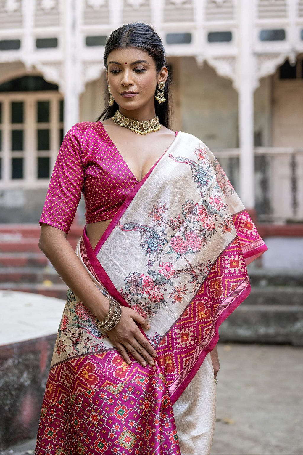 Jyoti Fashion Women's Pink Soft Tussar Silk Floral Printed Saree with Blouse - Distacart