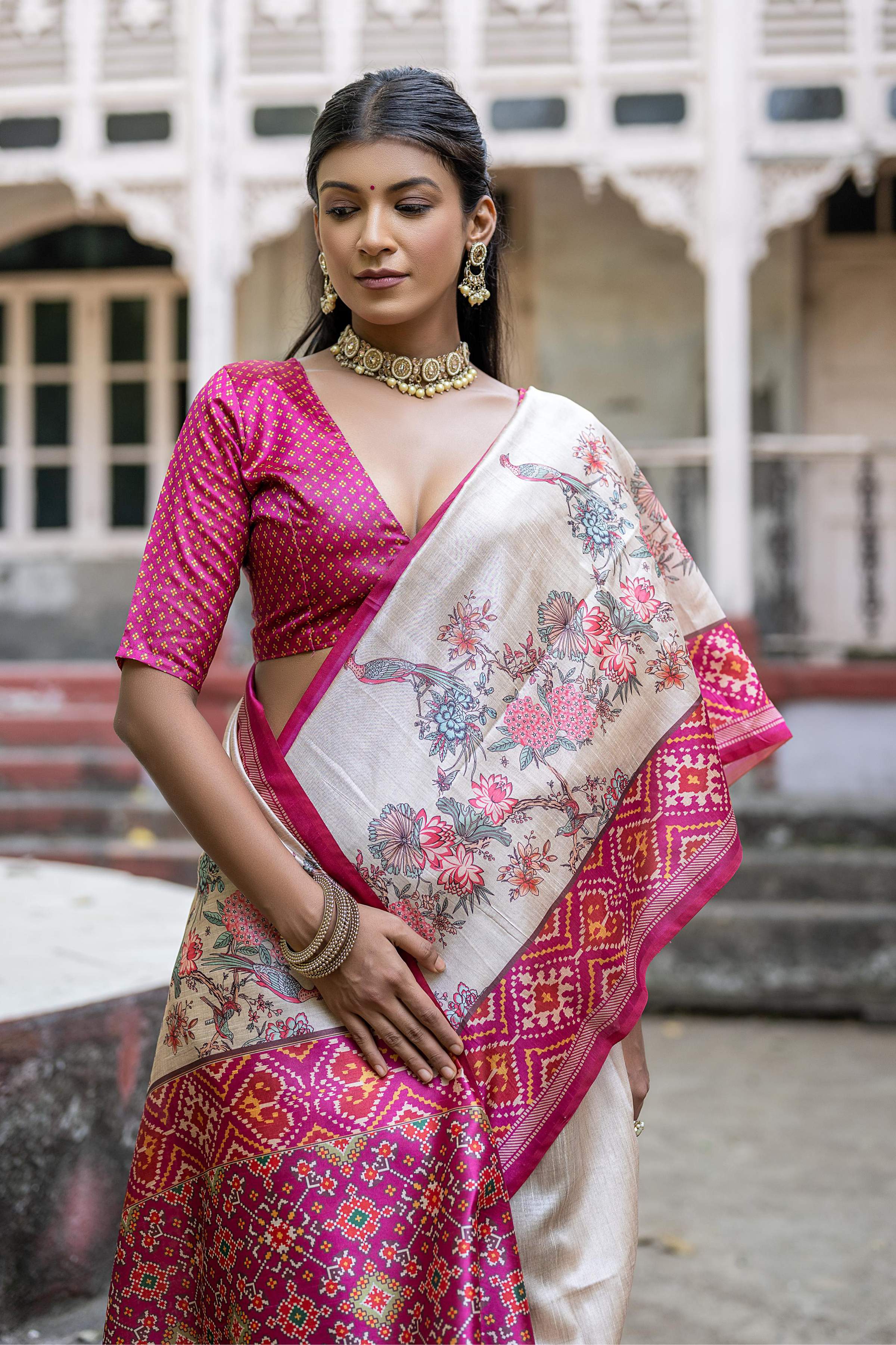 Jyoti Fashion Women's Pink Soft Tussar Silk Floral Printed Saree with Blouse - Distacart