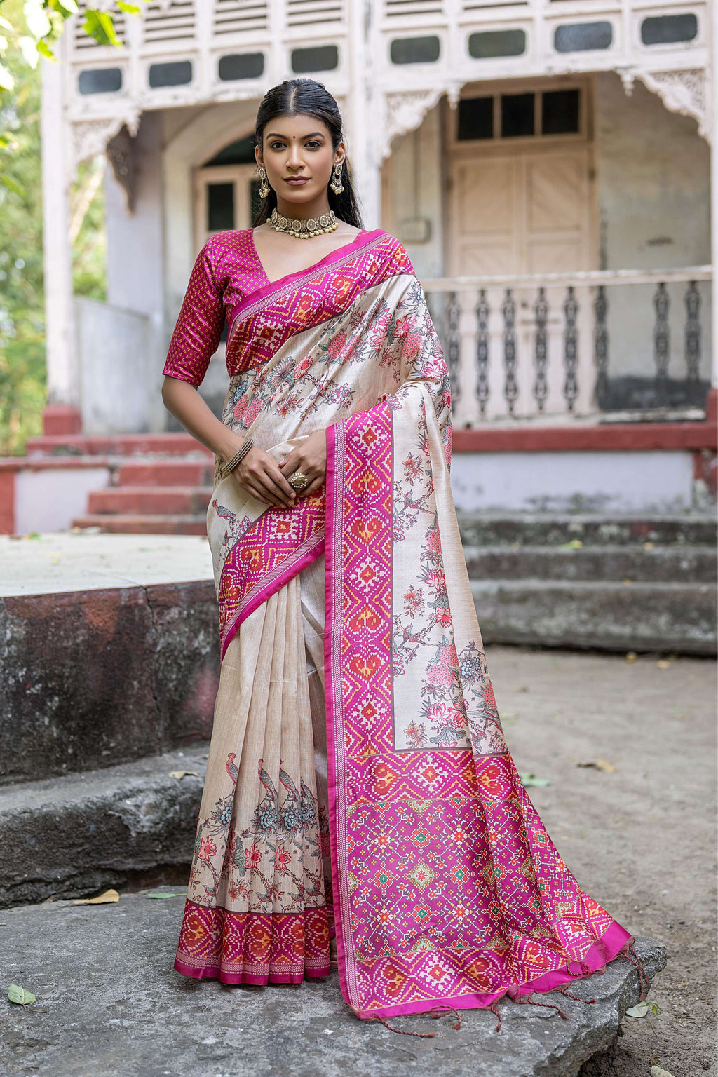 Jyoti Fashion Women's Pink Soft Tussar Silk Floral Printed Saree with Blouse - Distacart